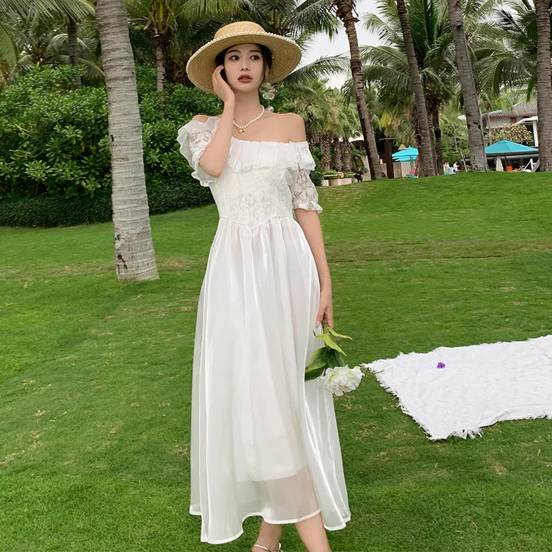 Off Shoulder White Summer Dress Mid Sleeves Long Skirt 428