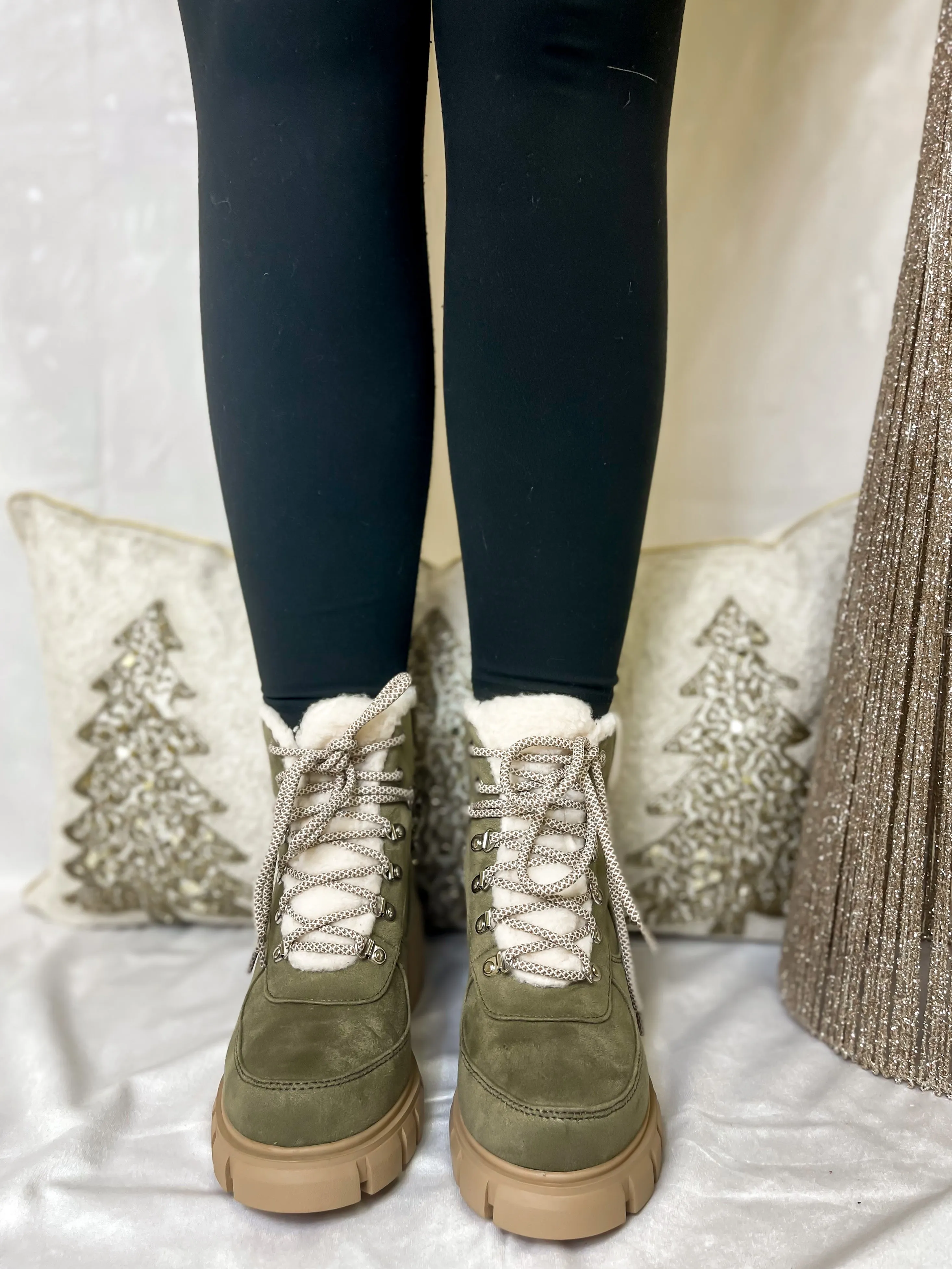 Olive Faux Fur Lace Up Boot