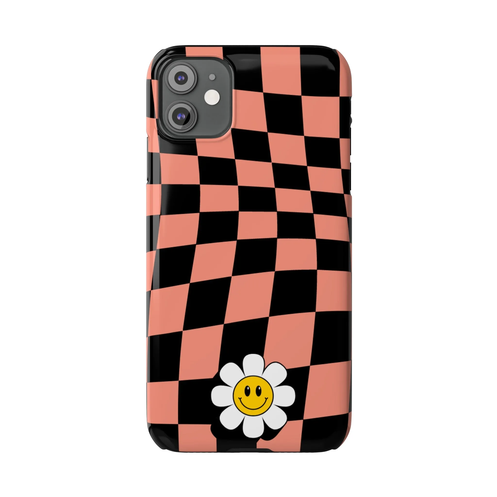 Pink and Black Checked Background with Happy Daisy iPhone Slim Phone Case