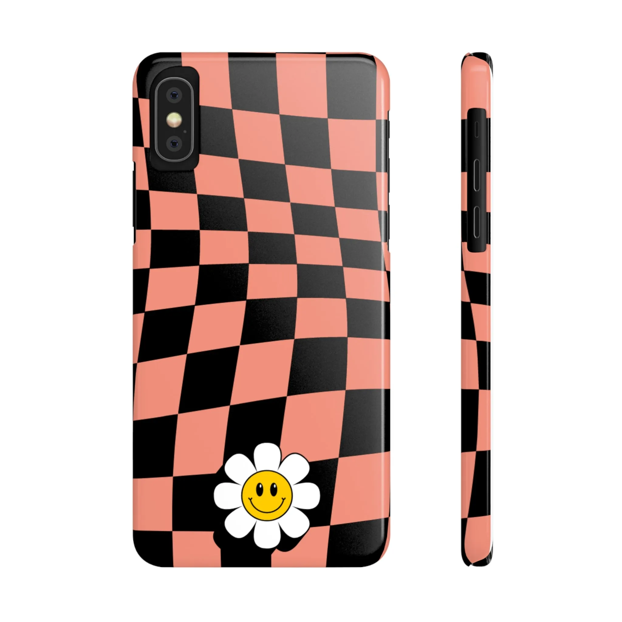 Pink and Black Checked Background with Happy Daisy iPhone Slim Phone Case