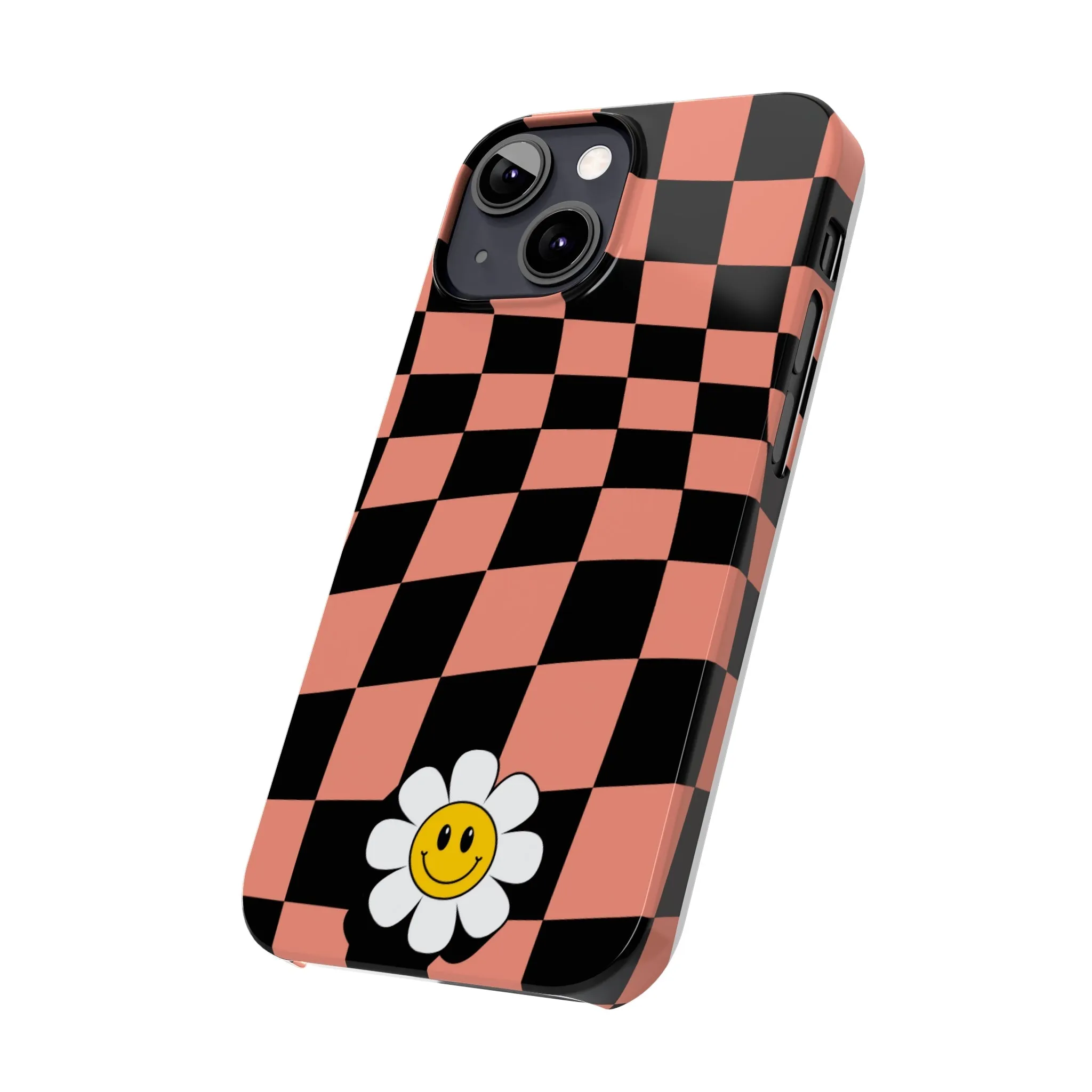 Pink and Black Checked Background with Happy Daisy iPhone Slim Phone Case