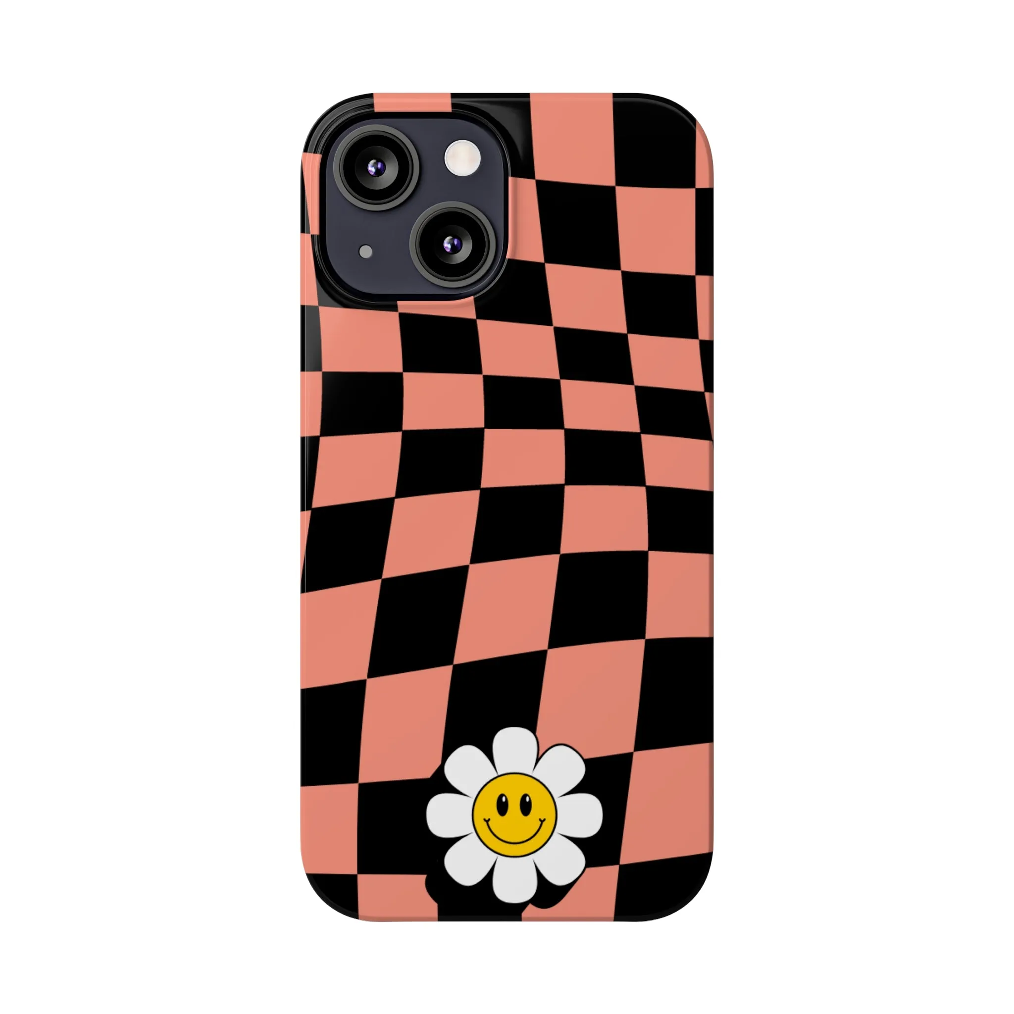 Pink and Black Checked Background with Happy Daisy iPhone Slim Phone Case
