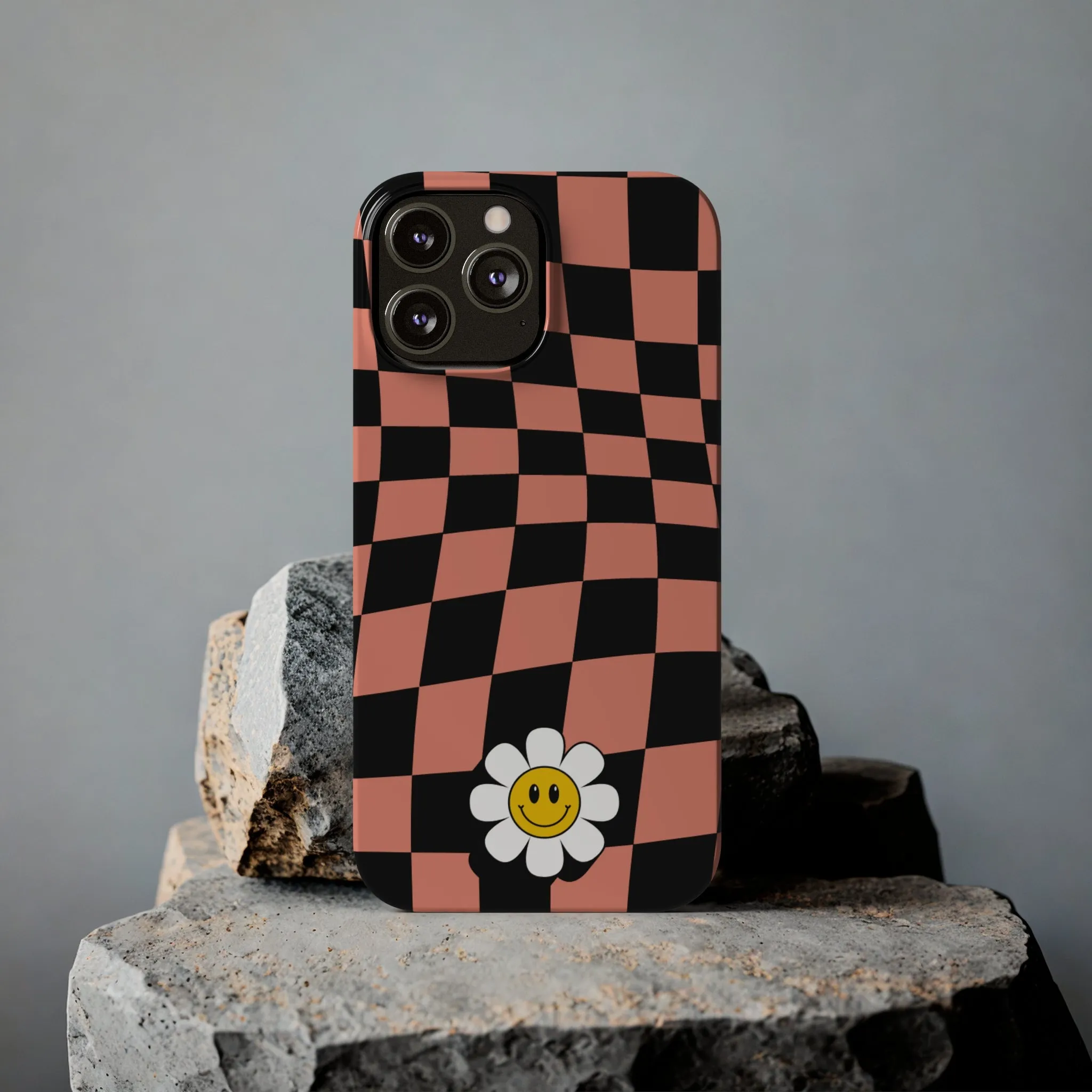 Pink and Black Checked Background with Happy Daisy iPhone Slim Phone Case