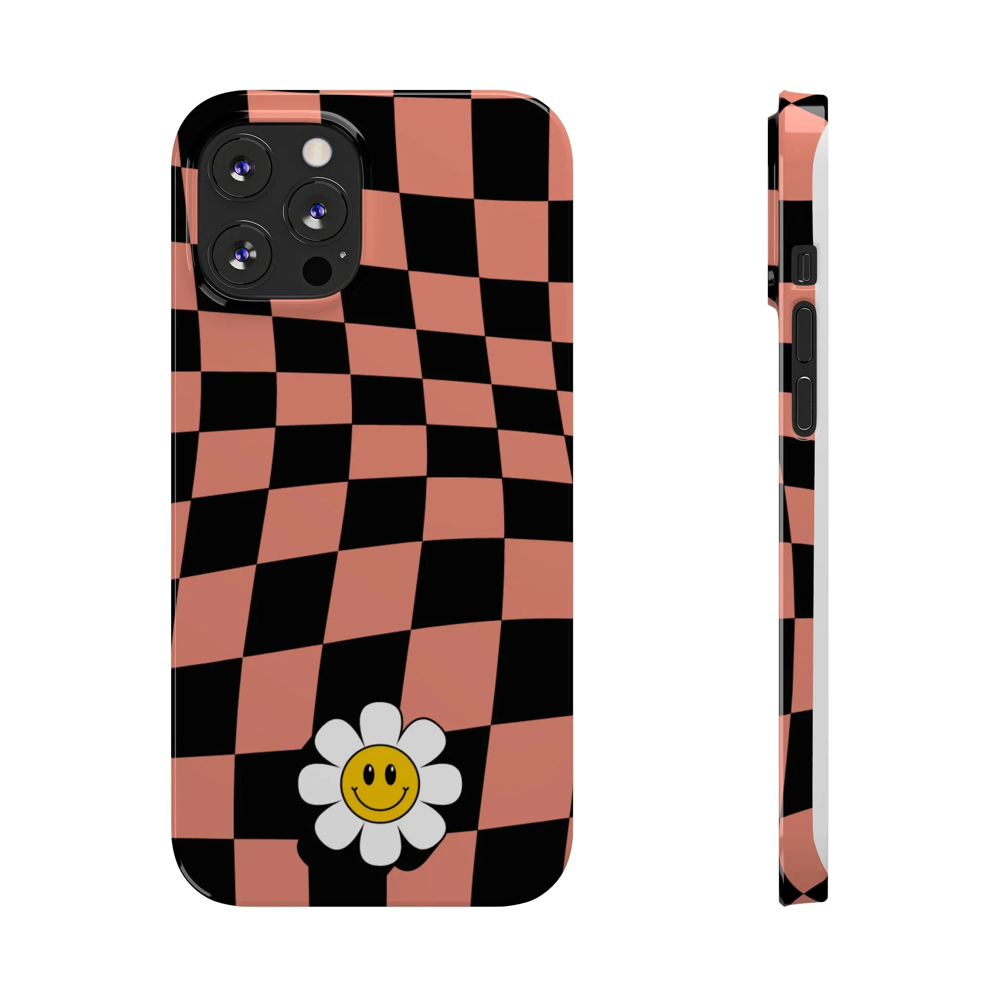Pink and Black Checked Background with Happy Daisy iPhone Slim Phone Case