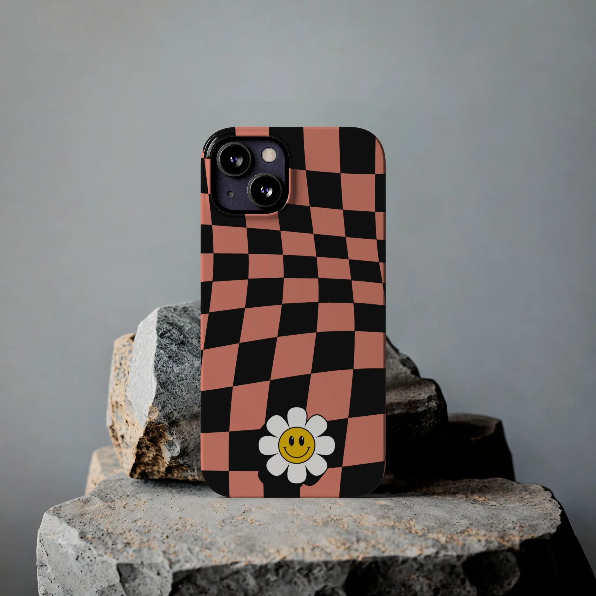 Pink and Black Checked Background with Happy Daisy iPhone Slim Phone Case