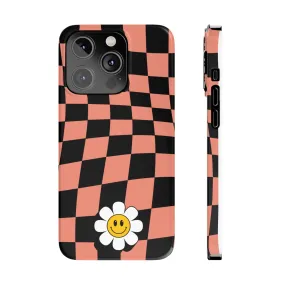 Pink and Black Checked Background with Happy Daisy iPhone Slim Phone Case