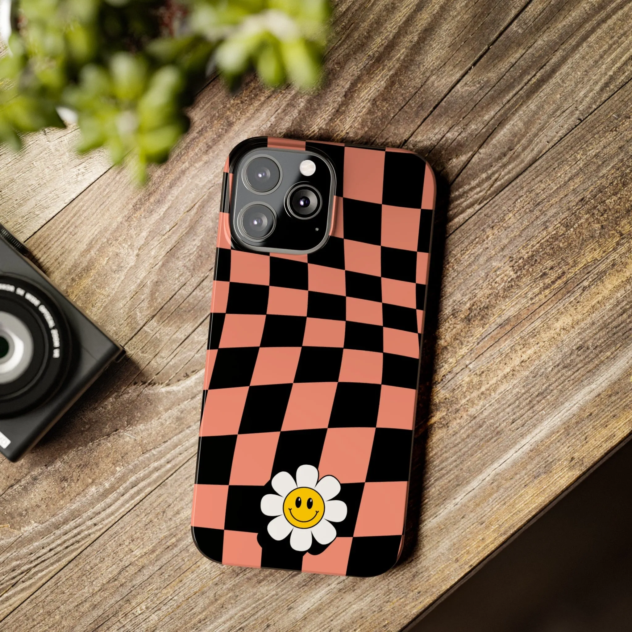Pink and Black Checked Background with Happy Daisy iPhone Slim Phone Case