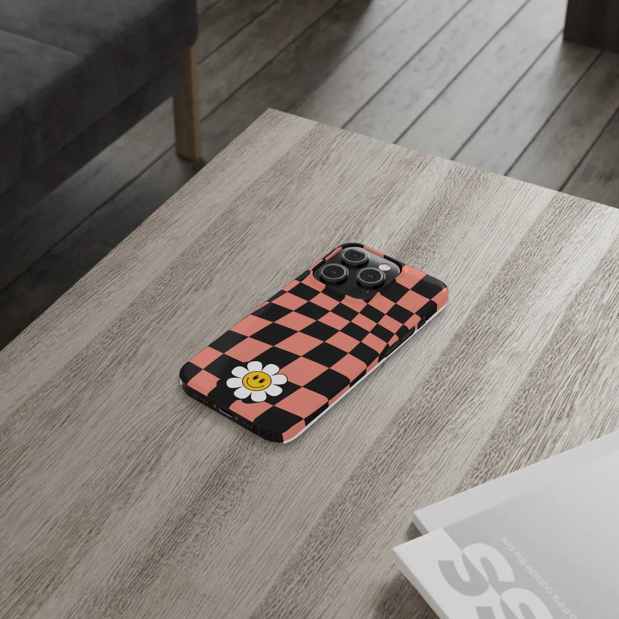 Pink and Black Checked Background with Happy Daisy iPhone Slim Phone Case