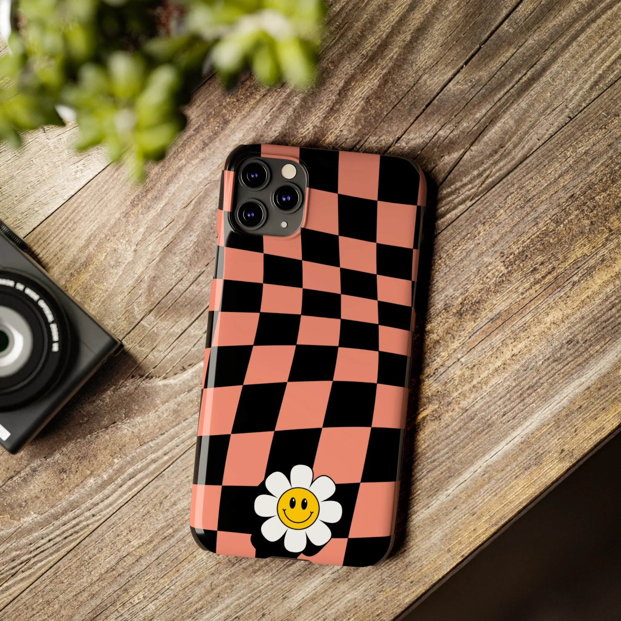 Pink and Black Checked Background with Happy Daisy iPhone Slim Phone Case