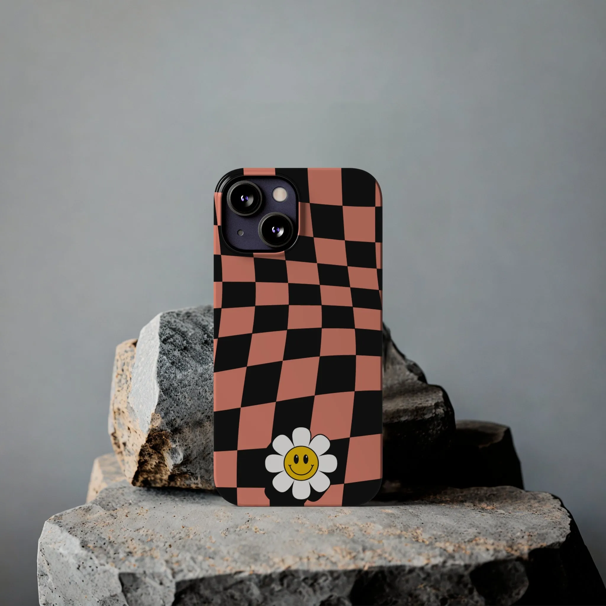 Pink and Black Checked Background with Happy Daisy iPhone Slim Phone Case