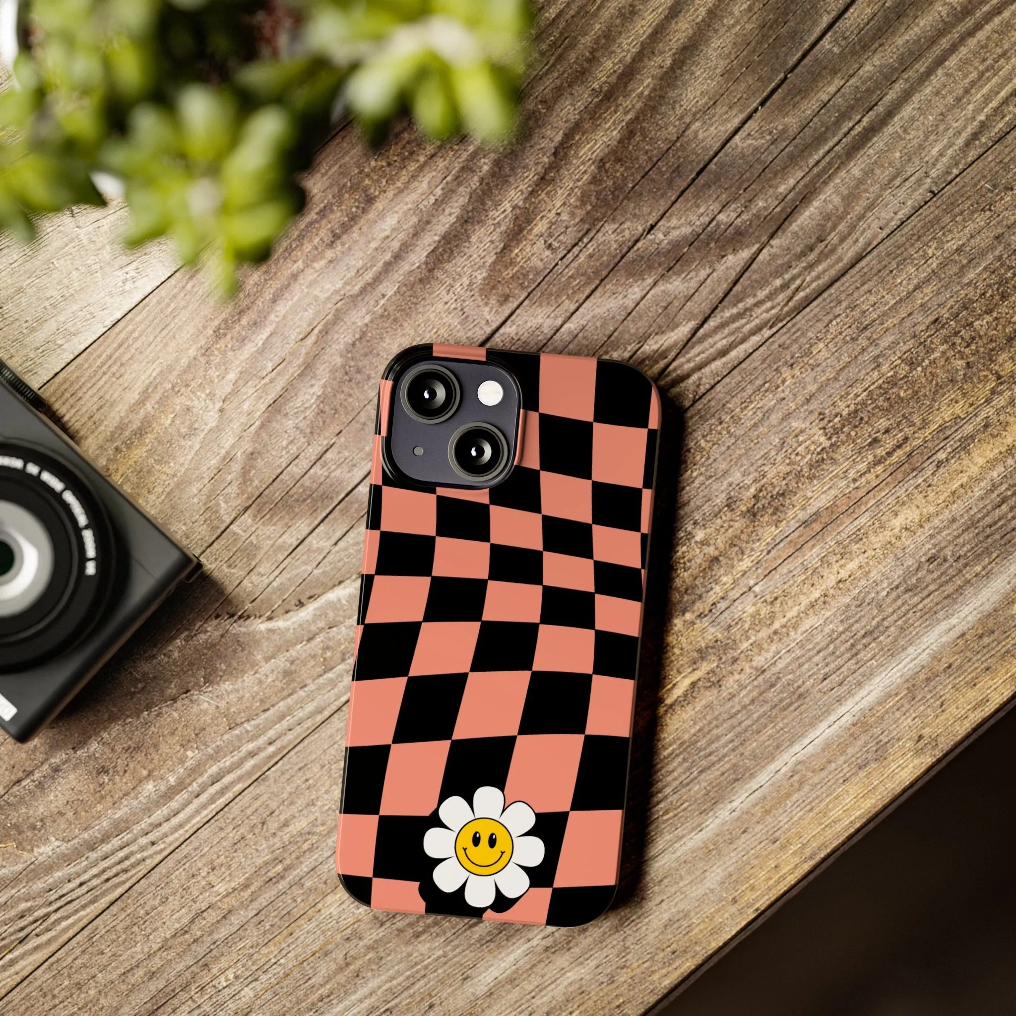 Pink and Black Checked Background with Happy Daisy iPhone Slim Phone Case