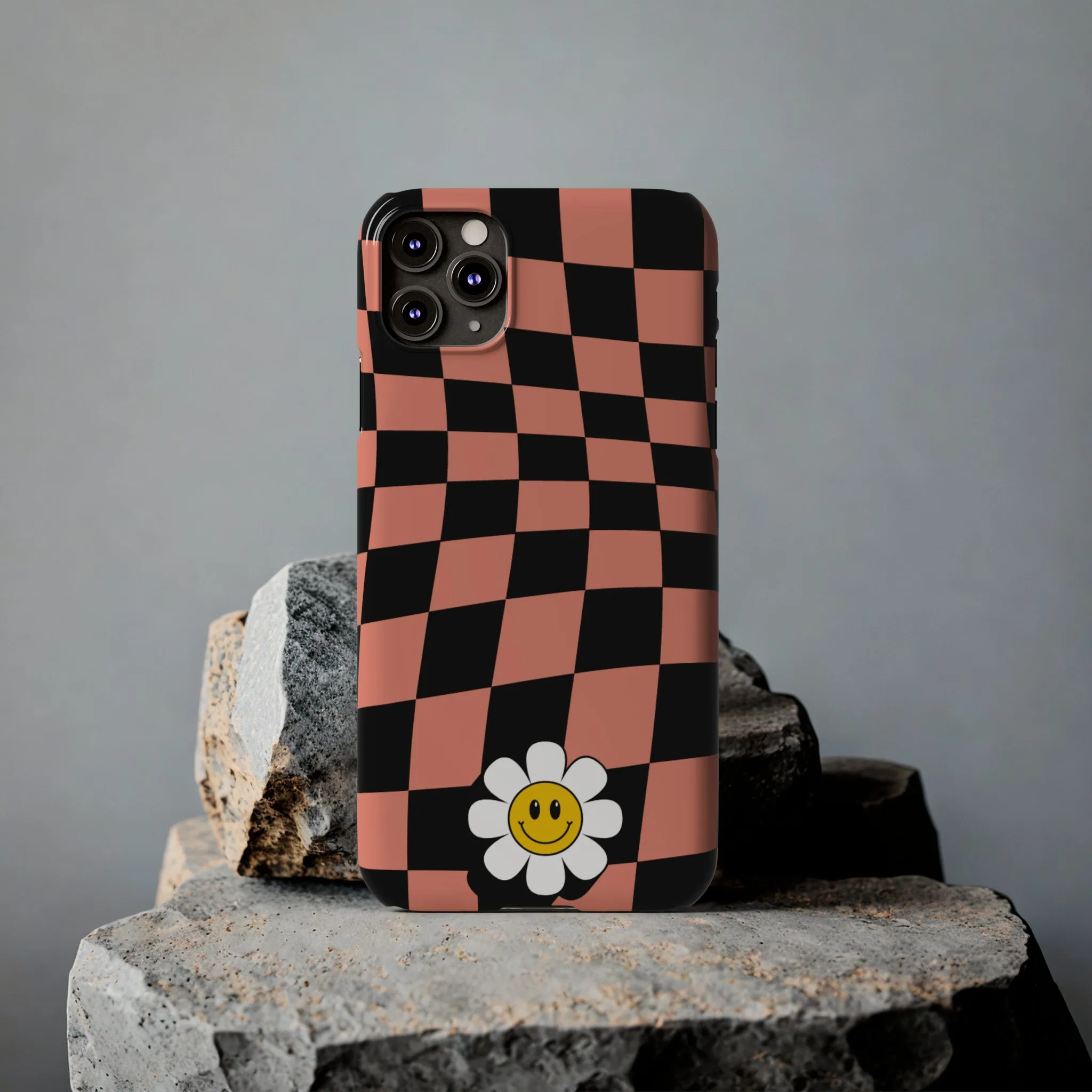 Pink and Black Checked Background with Happy Daisy iPhone Slim Phone Case