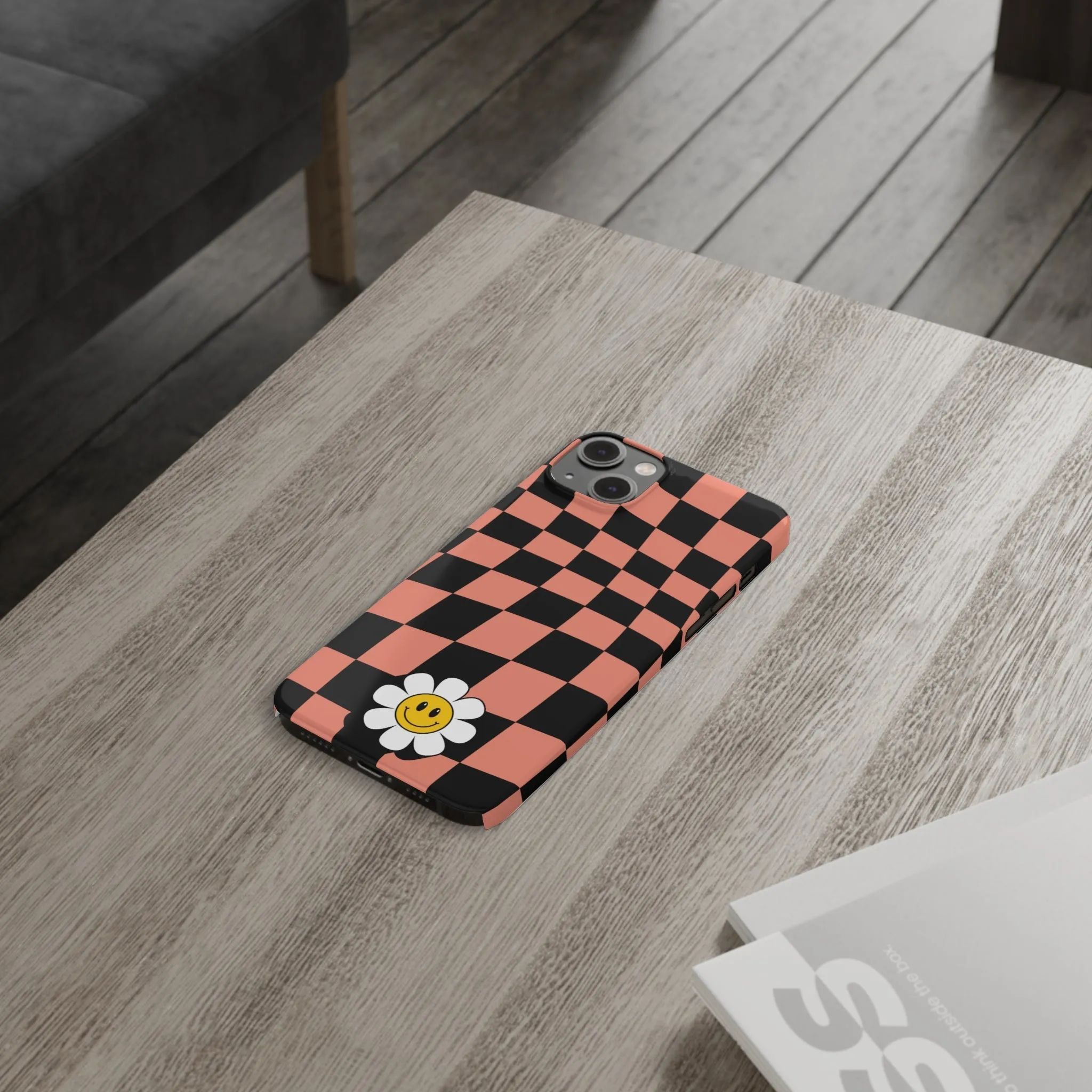 Pink and Black Checked Background with Happy Daisy iPhone Slim Phone Case
