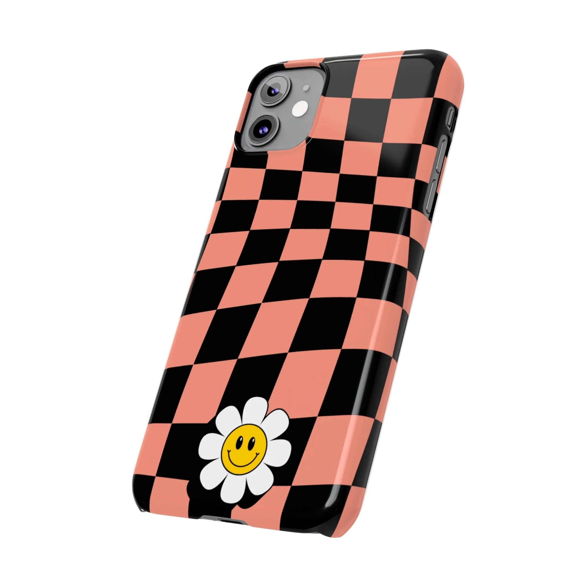 Pink and Black Checked Background with Happy Daisy iPhone Slim Phone Case