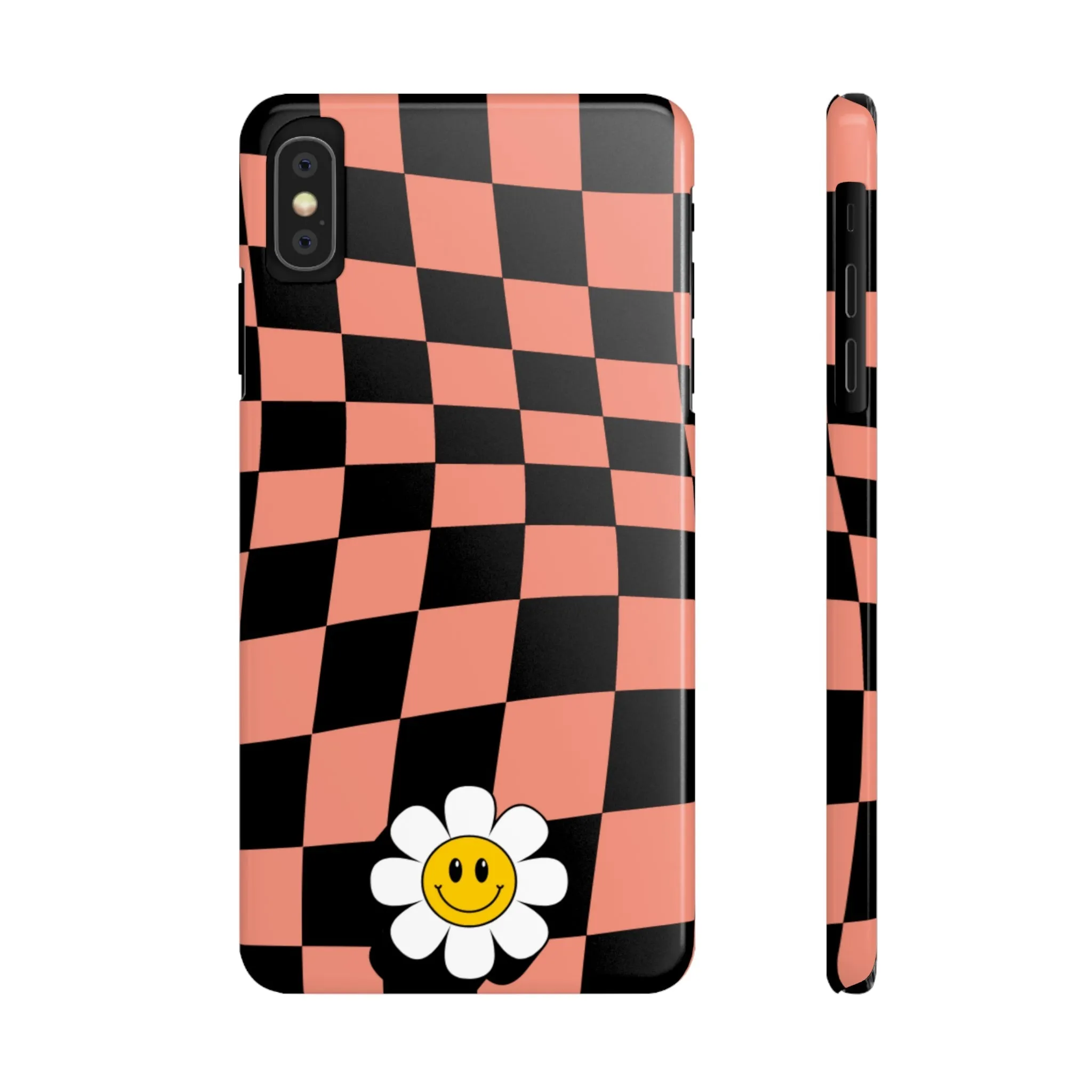 Pink and Black Checked Background with Happy Daisy iPhone Slim Phone Case