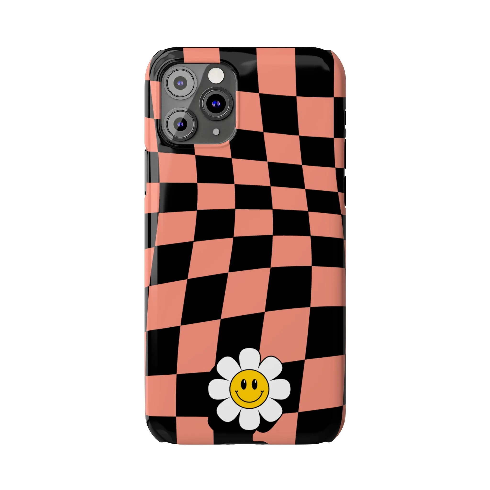 Pink and Black Checked Background with Happy Daisy iPhone Slim Phone Case