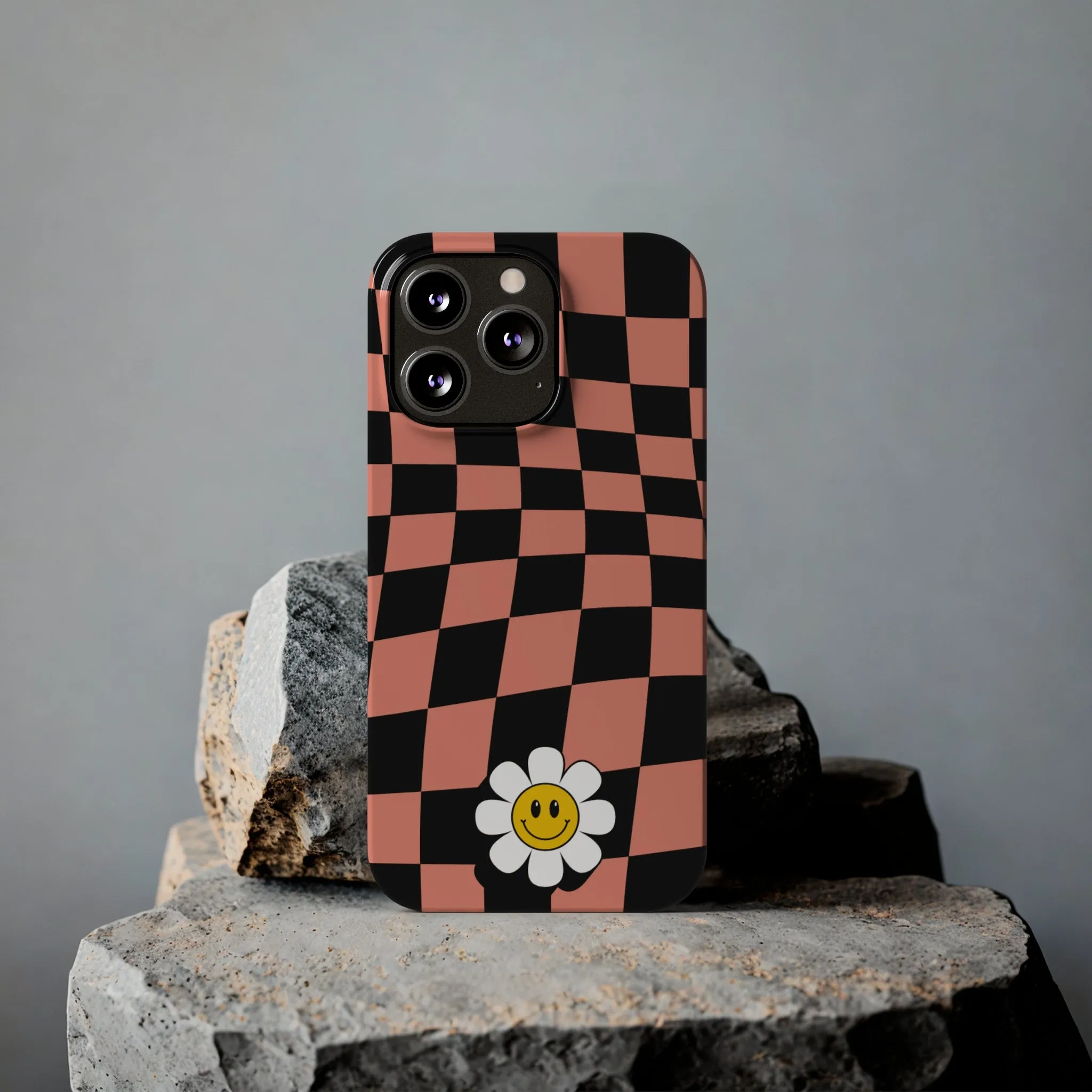 Pink and Black Checked Background with Happy Daisy iPhone Slim Phone Case