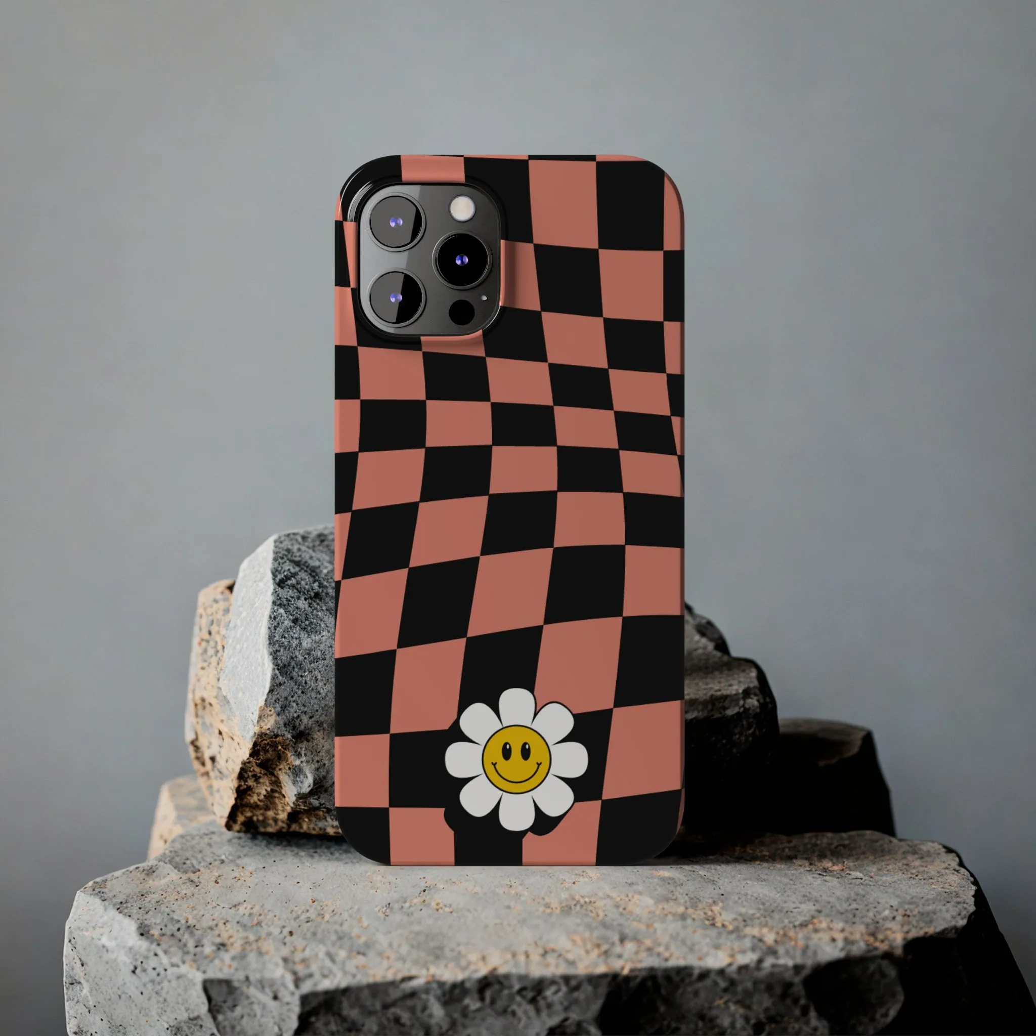 Pink and Black Checked Background with Happy Daisy iPhone Slim Phone Case
