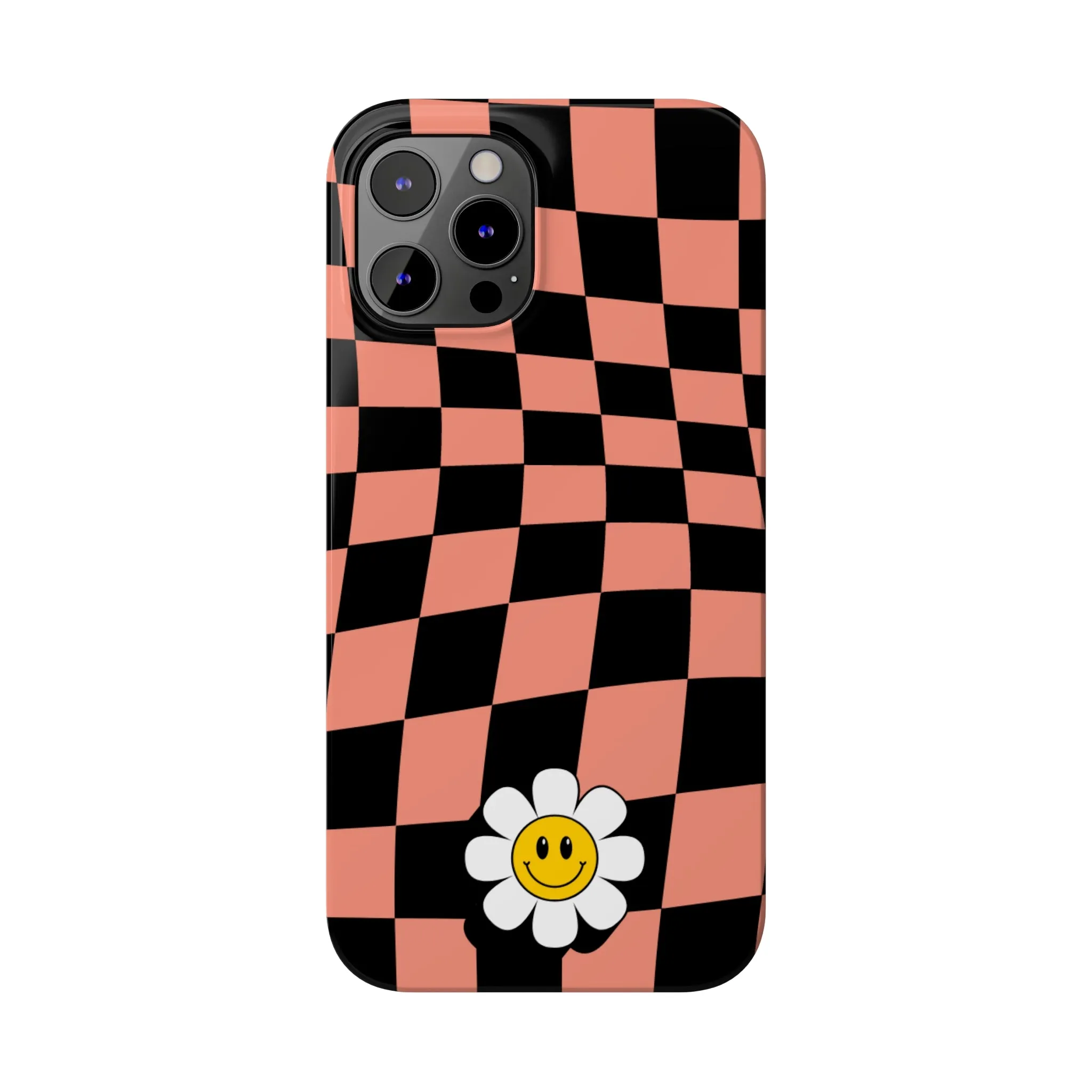 Pink and Black Checked Background with Happy Daisy iPhone Slim Phone Case