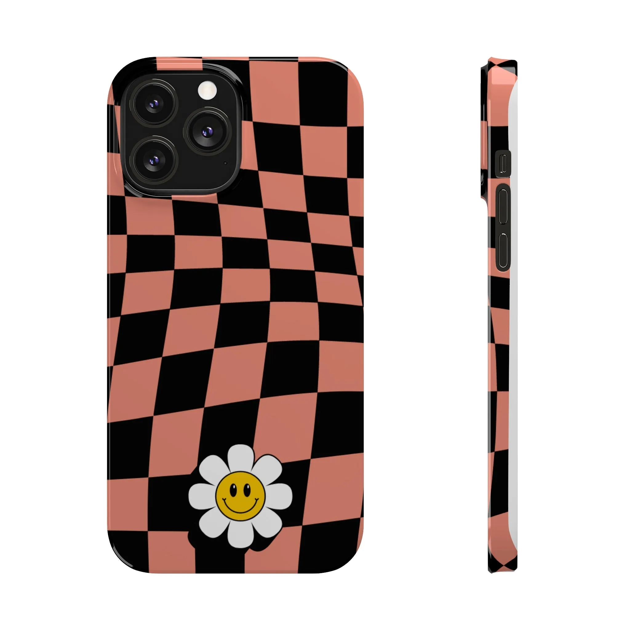Pink and Black Checked Background with Happy Daisy iPhone Slim Phone Case
