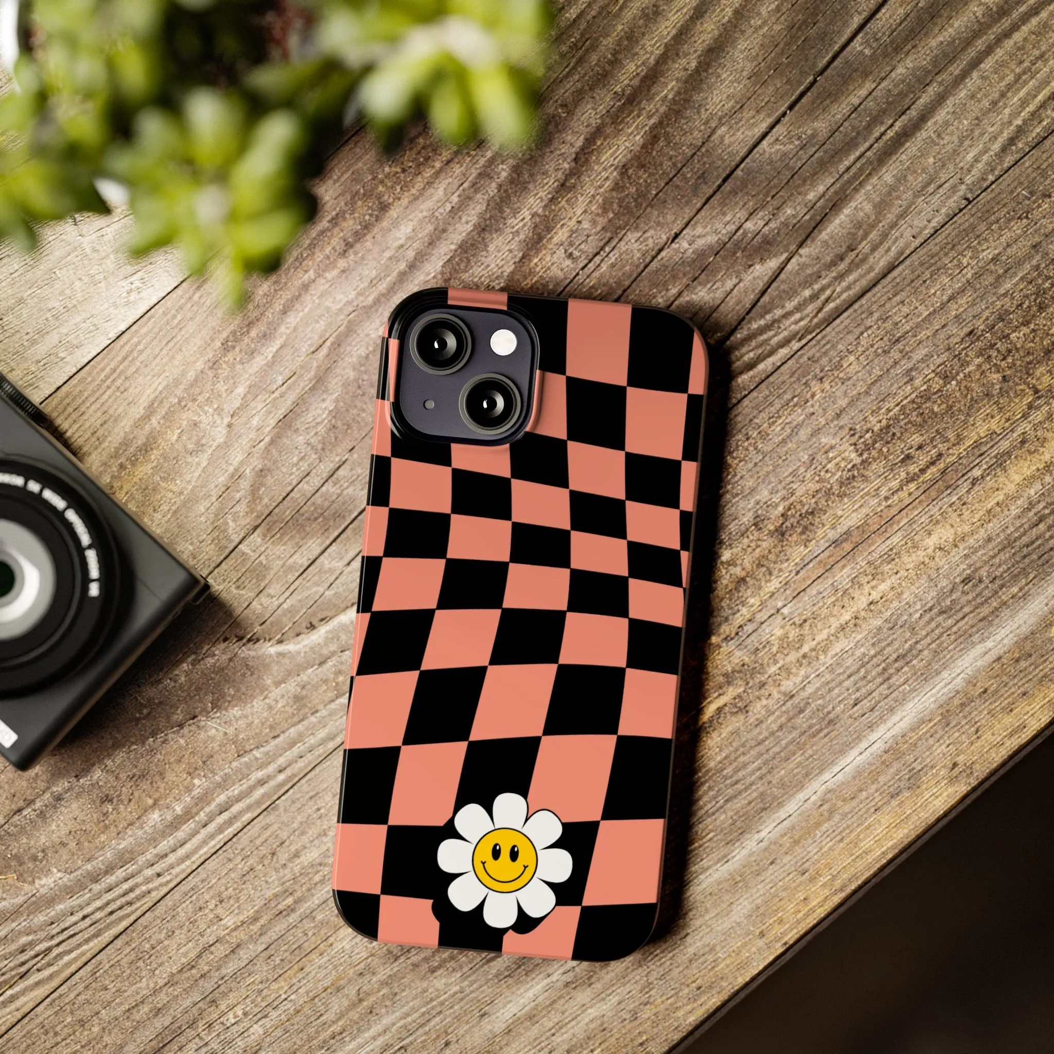 Pink and Black Checked Background with Happy Daisy iPhone Slim Phone Case