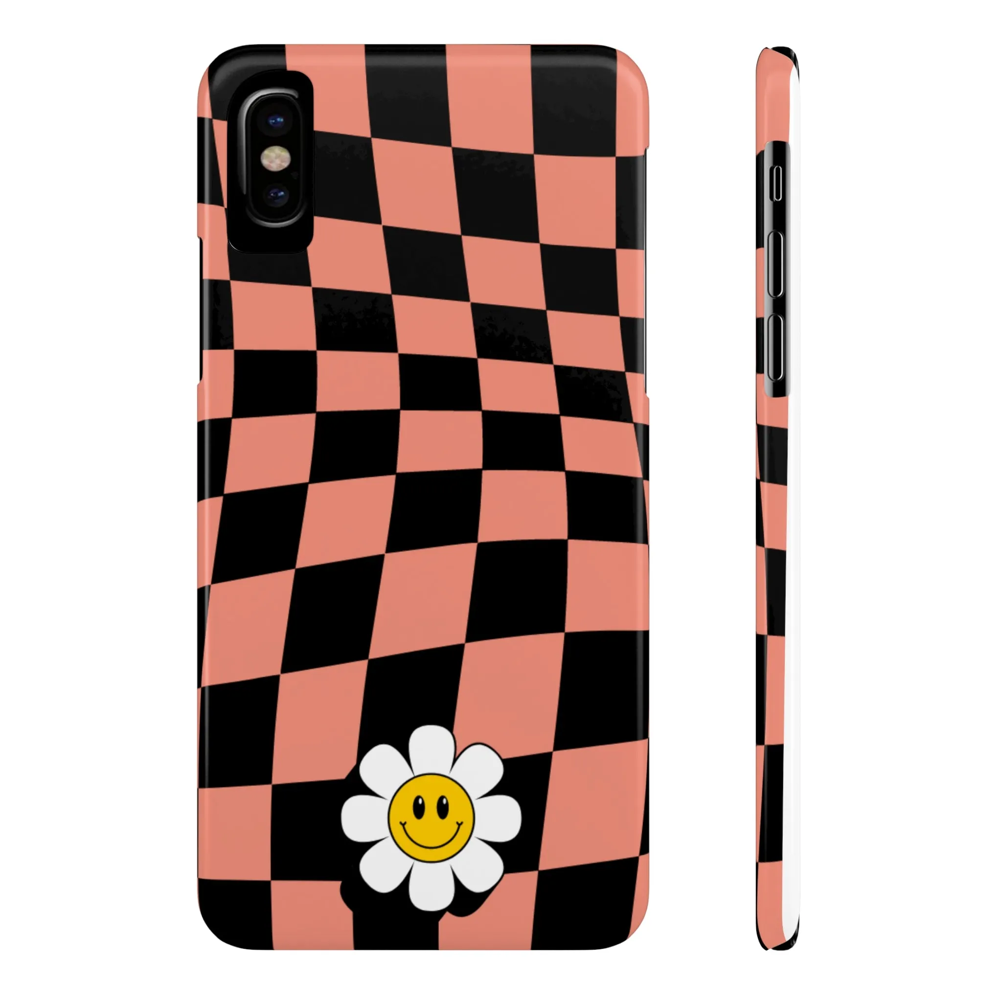 Pink and Black Checked Background with Happy Daisy iPhone Slim Phone Case