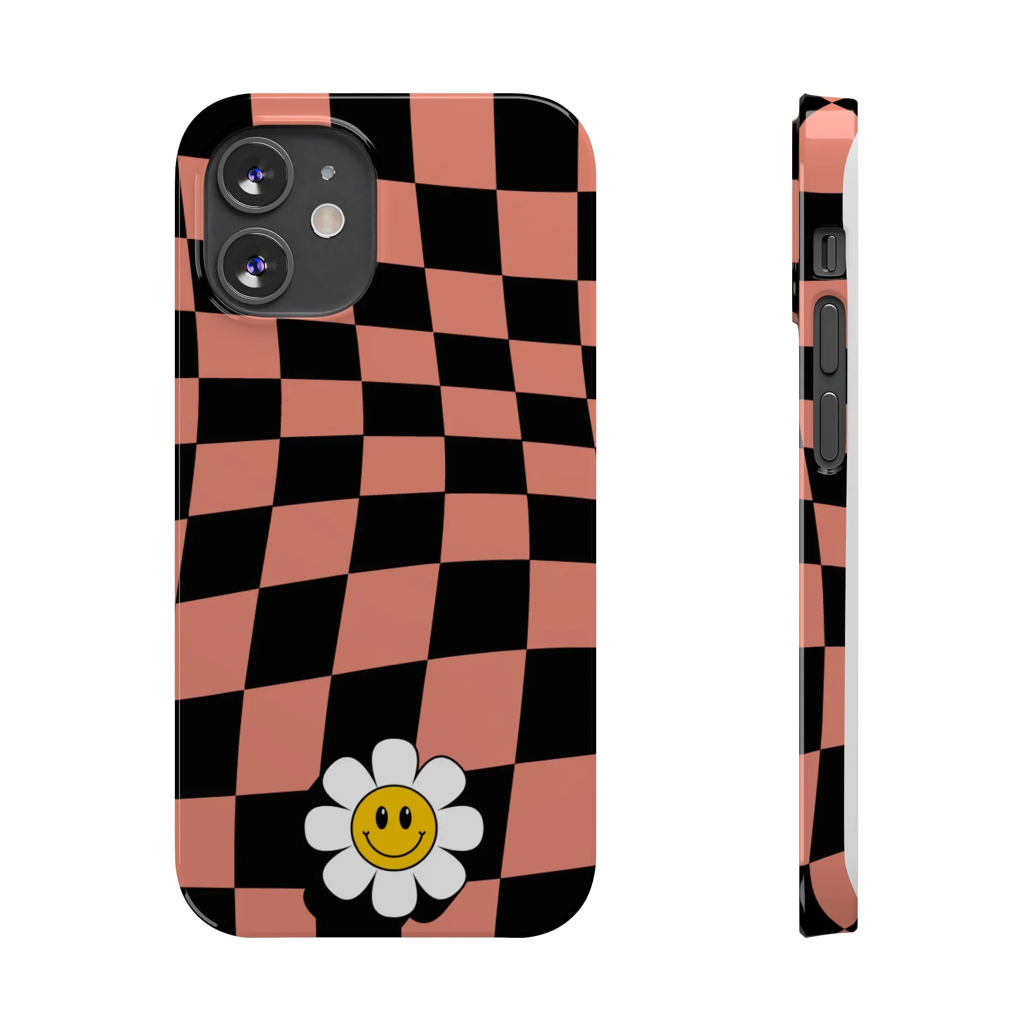 Pink and Black Checked Background with Happy Daisy iPhone Slim Phone Case