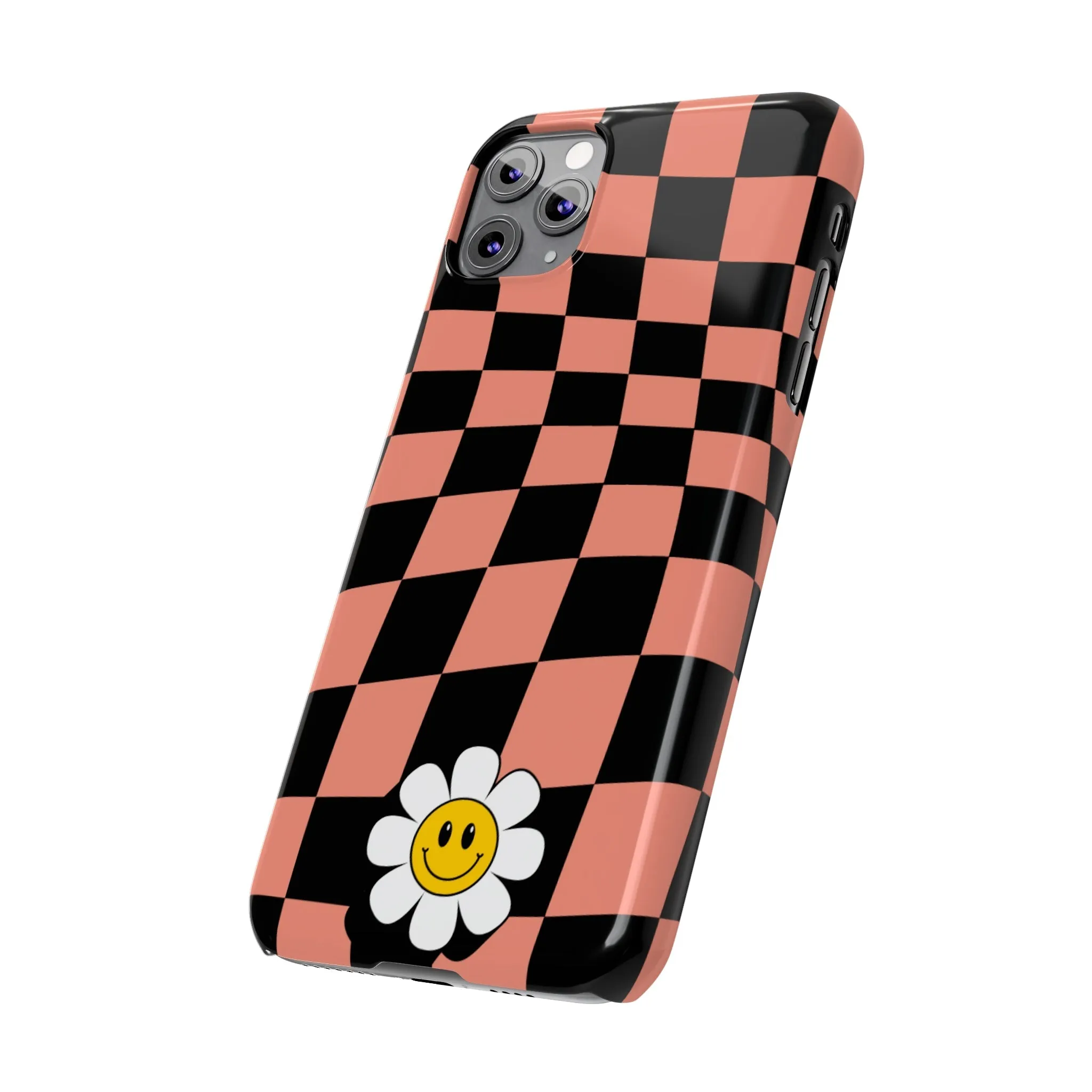 Pink and Black Checked Background with Happy Daisy iPhone Slim Phone Case