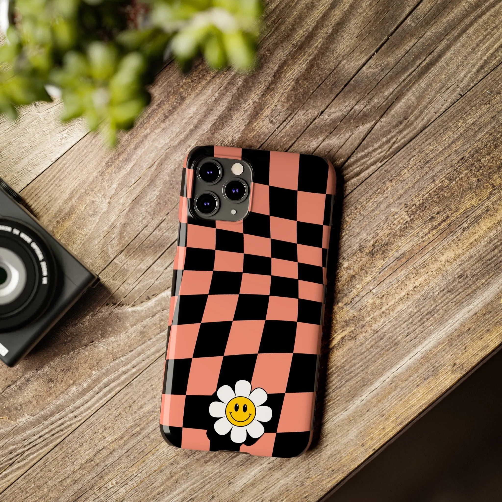 Pink and Black Checked Background with Happy Daisy iPhone Slim Phone Case
