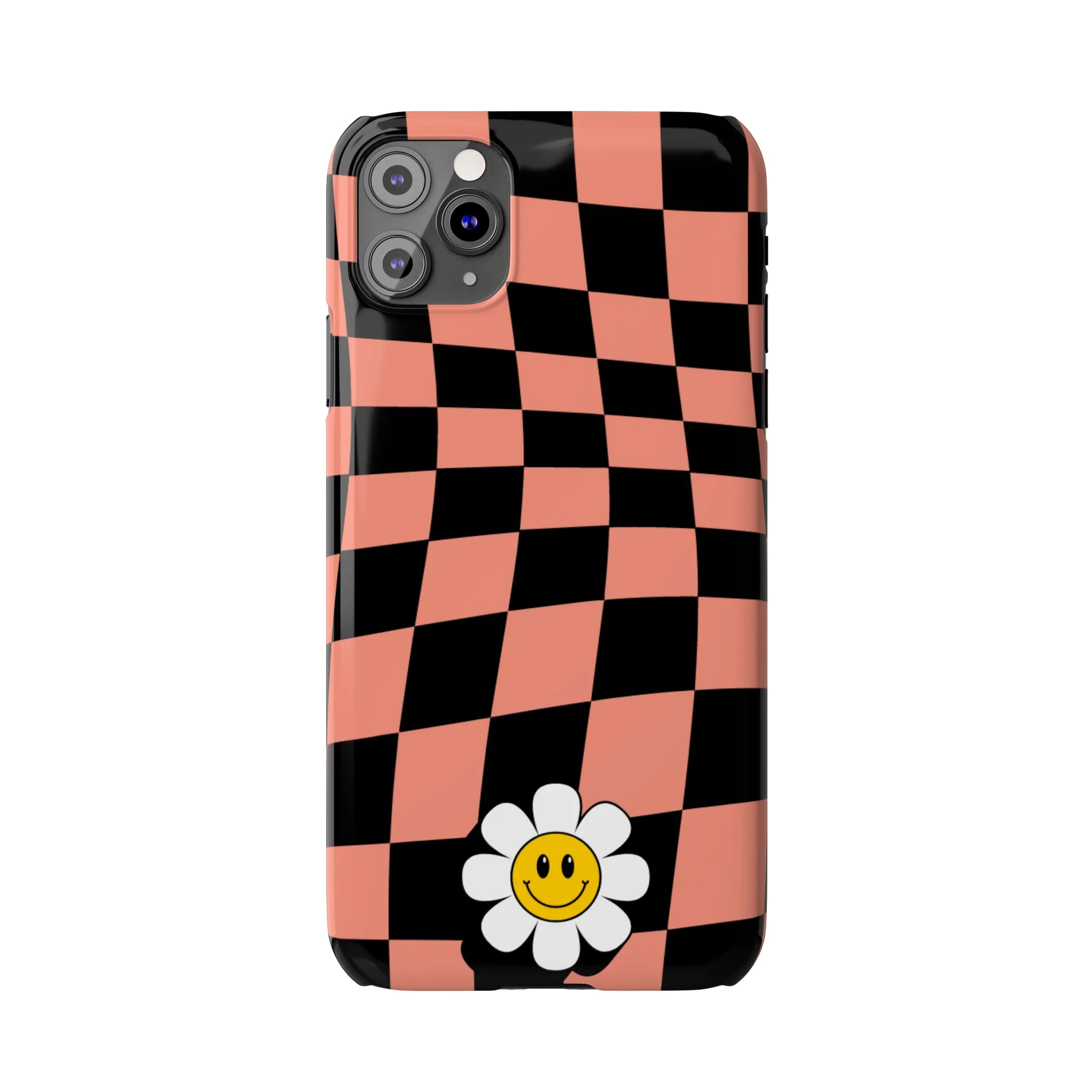 Pink and Black Checked Background with Happy Daisy iPhone Slim Phone Case