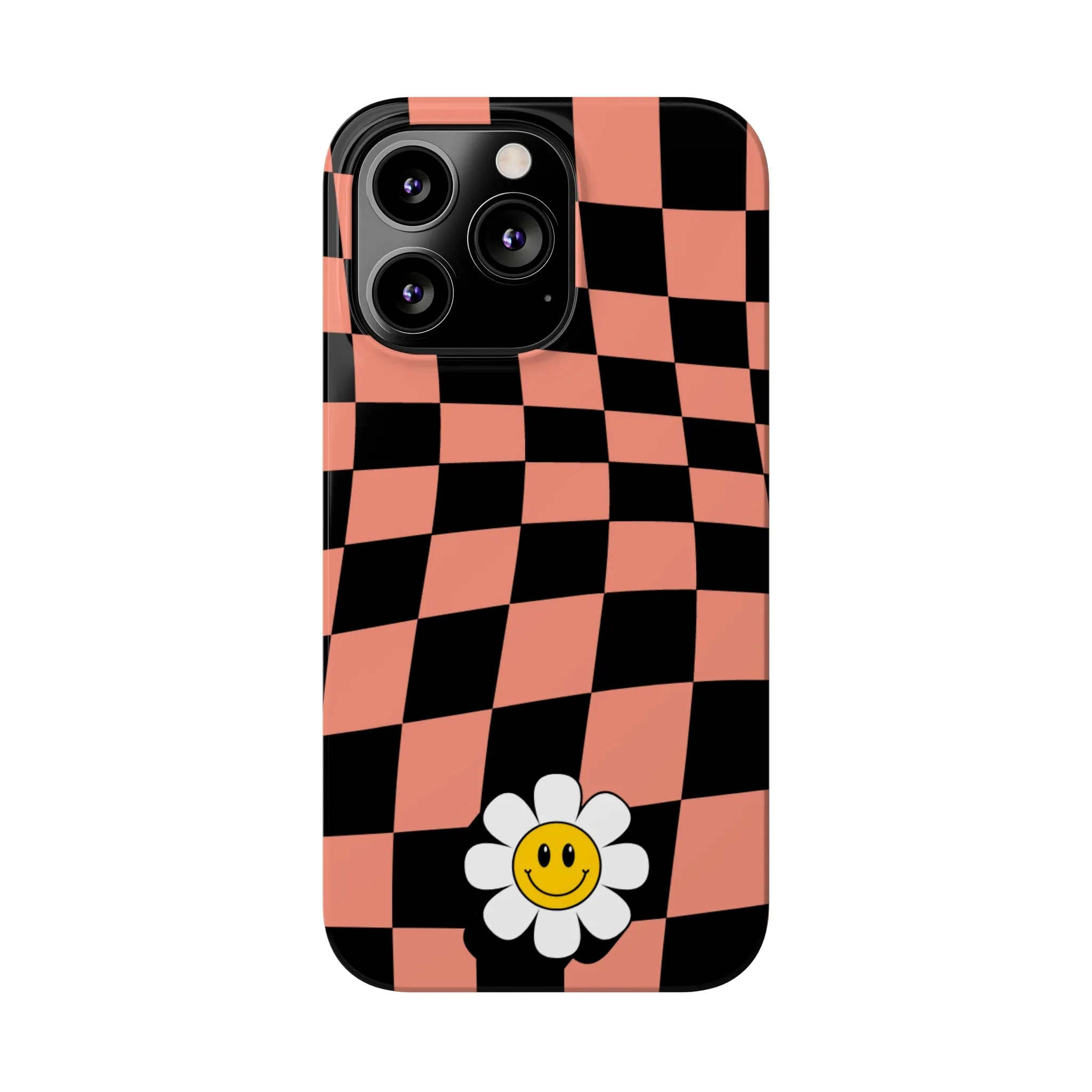 Pink and Black Checked Background with Happy Daisy iPhone Slim Phone Case