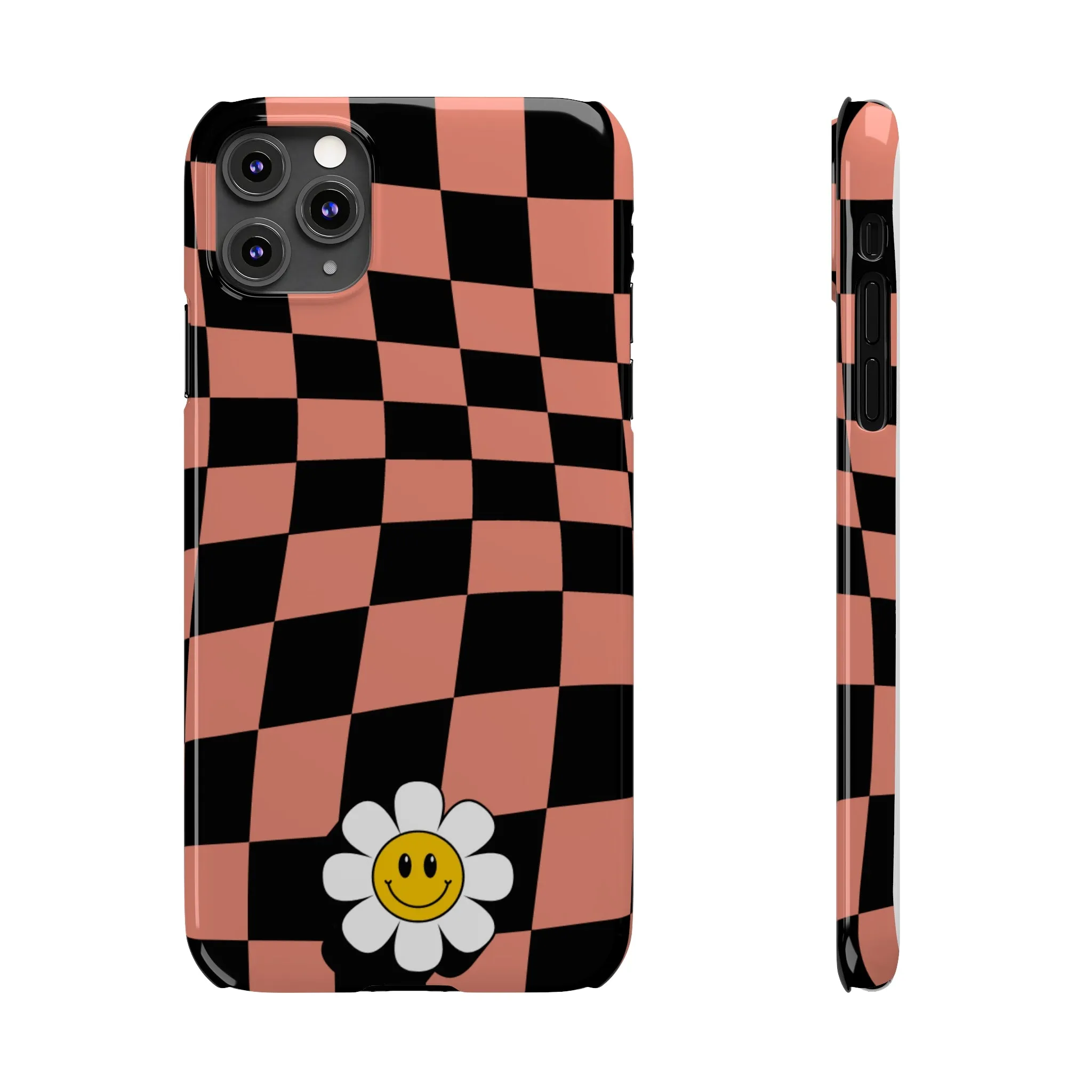 Pink and Black Checked Background with Happy Daisy iPhone Slim Phone Case