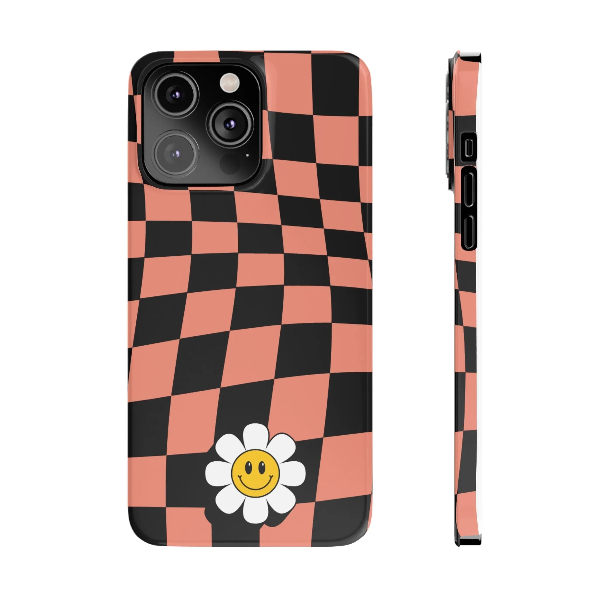 Pink and Black Checked Background with Happy Daisy iPhone Slim Phone Case