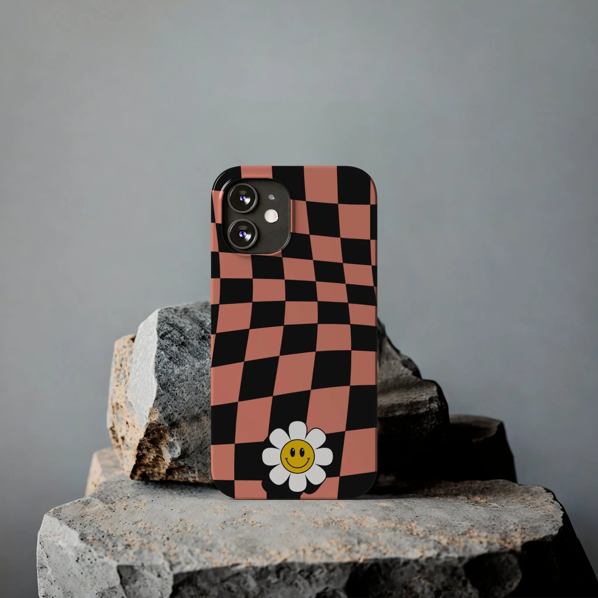 Pink and Black Checked Background with Happy Daisy iPhone Slim Phone Case
