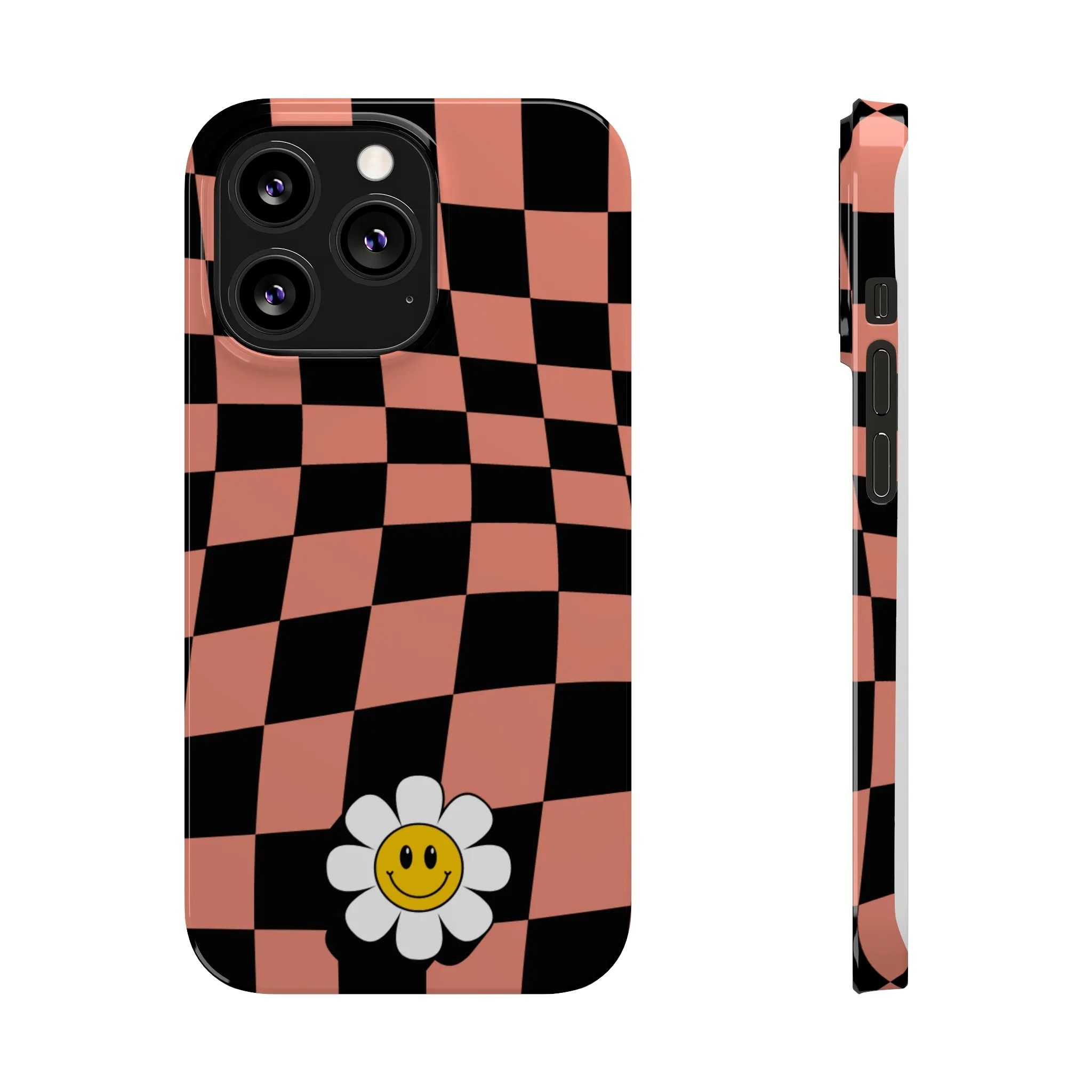 Pink and Black Checked Background with Happy Daisy iPhone Slim Phone Case