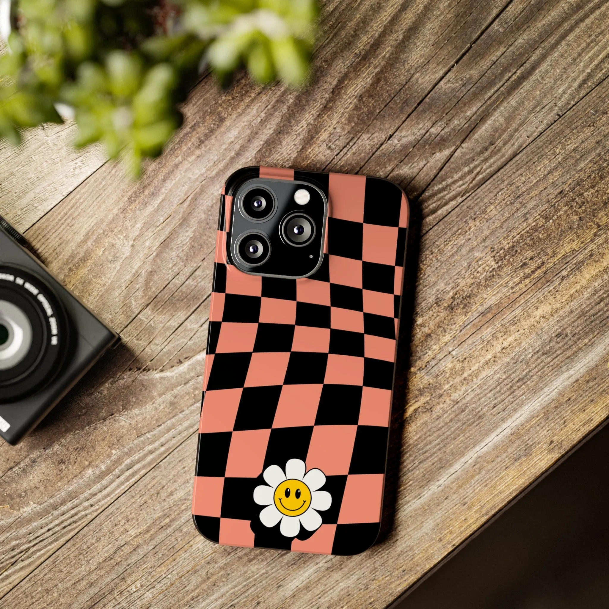 Pink and Black Checked Background with Happy Daisy iPhone Slim Phone Case