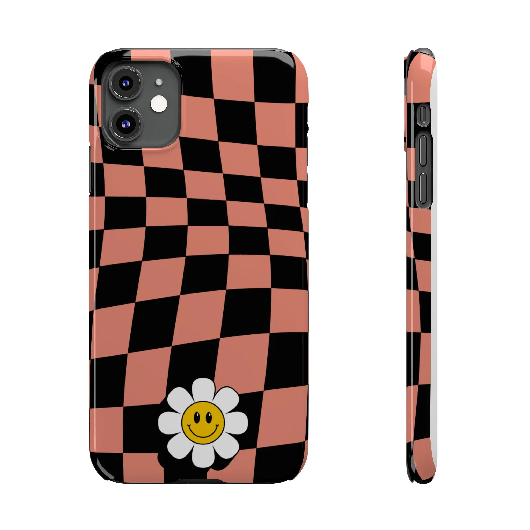 Pink and Black Checked Background with Happy Daisy iPhone Slim Phone Case
