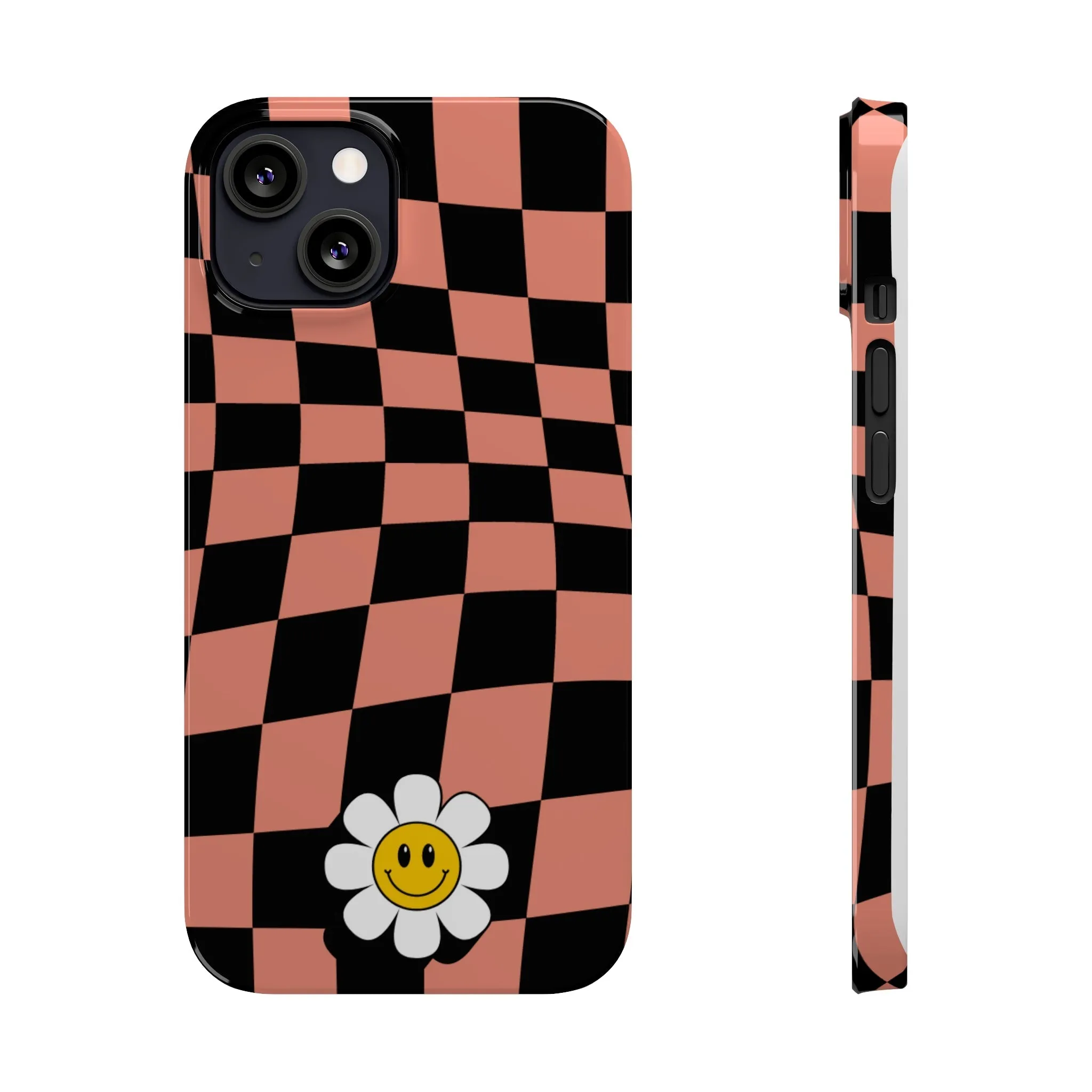 Pink and Black Checked Background with Happy Daisy iPhone Slim Phone Case