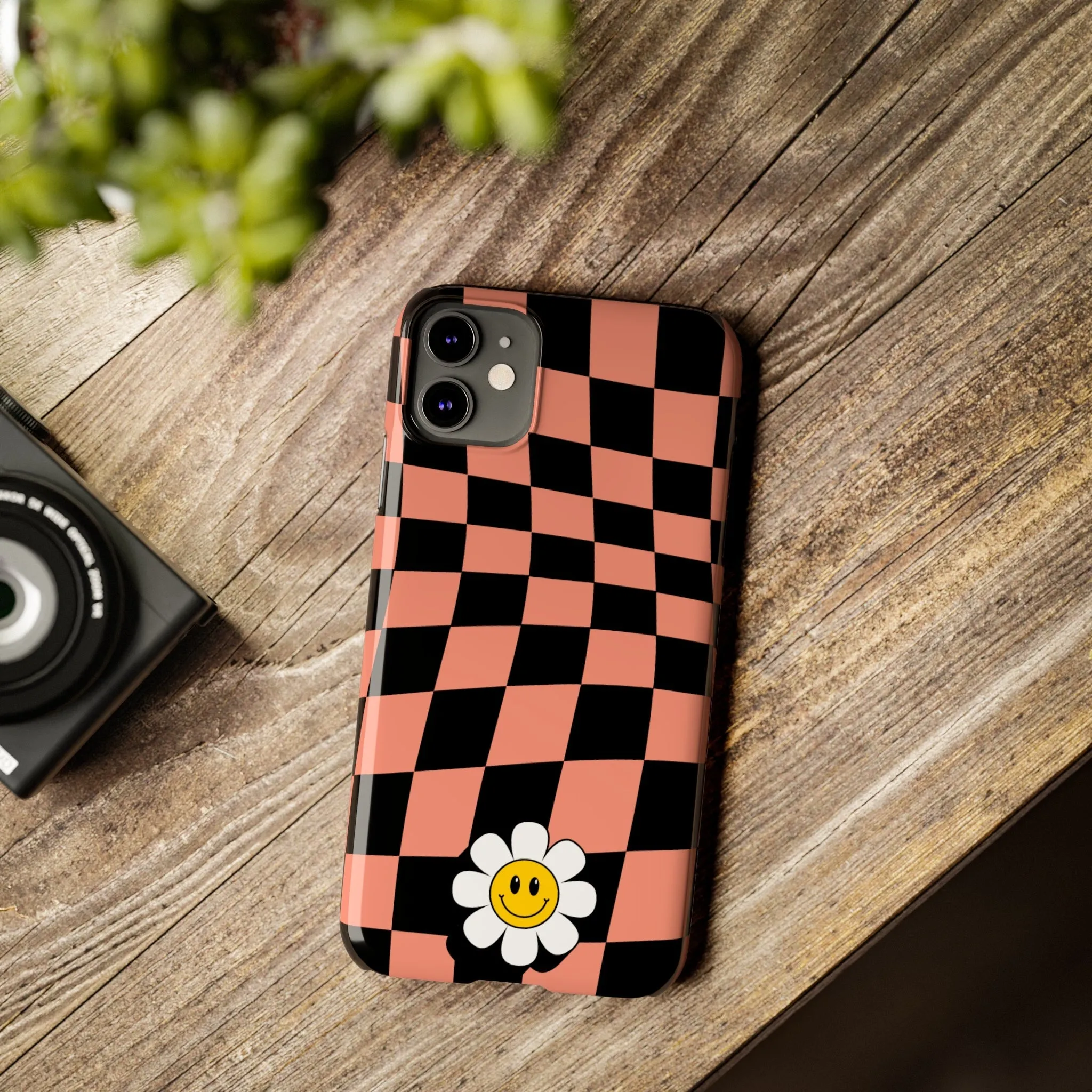 Pink and Black Checked Background with Happy Daisy iPhone Slim Phone Case