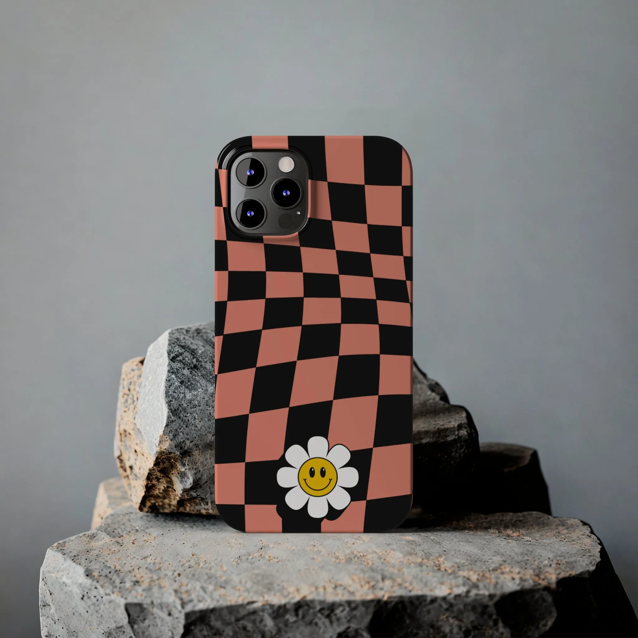 Pink and Black Checked Background with Happy Daisy iPhone Slim Phone Case