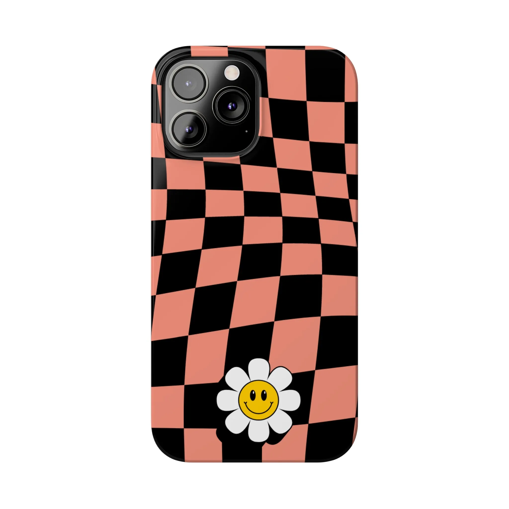 Pink and Black Checked Background with Happy Daisy iPhone Slim Phone Case