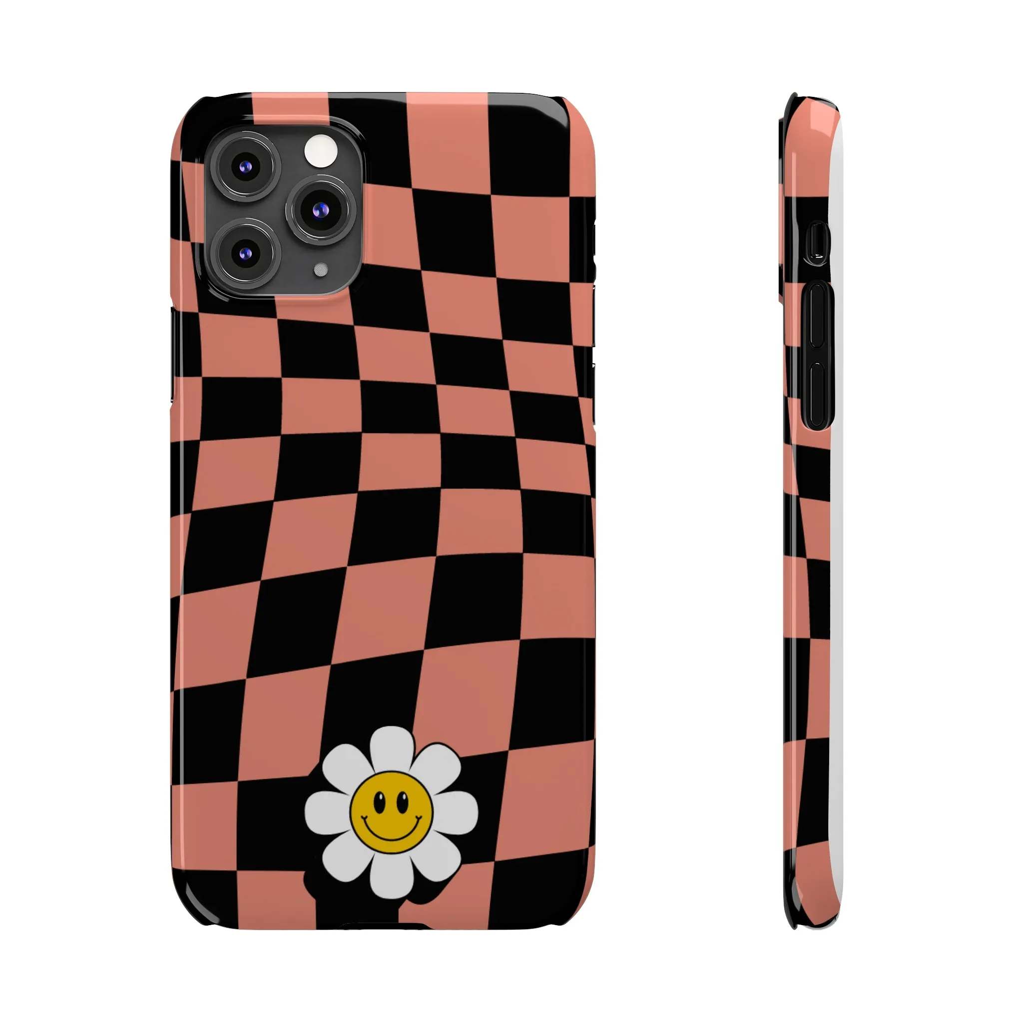 Pink and Black Checked Background with Happy Daisy iPhone Slim Phone Case