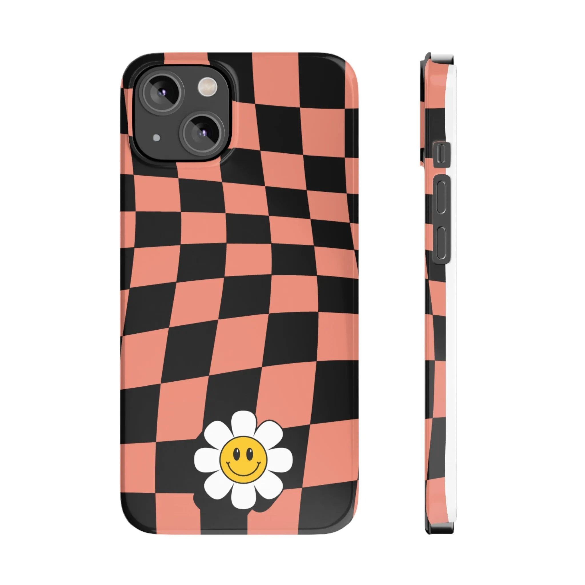 Pink and Black Checked Background with Happy Daisy iPhone Slim Phone Case
