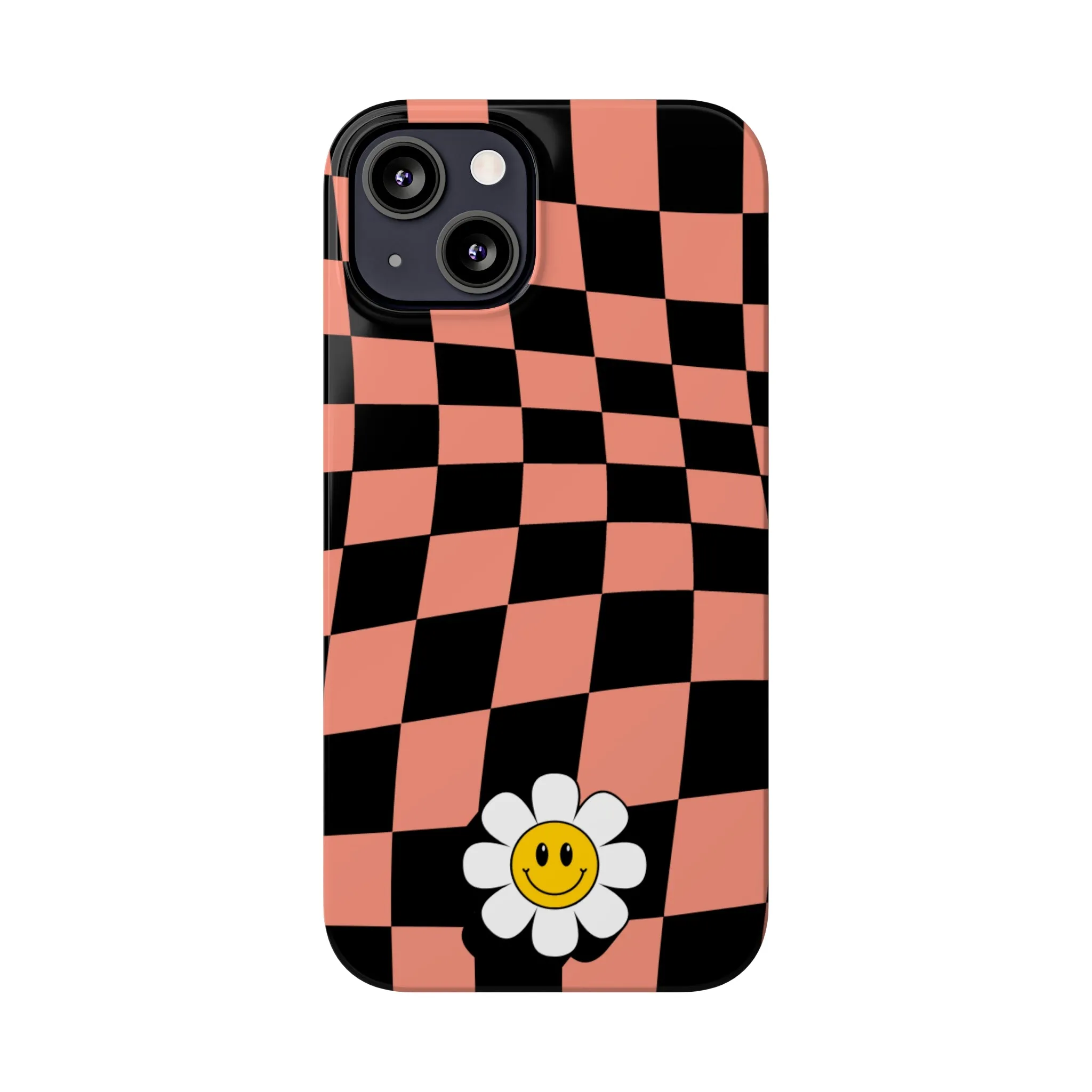 Pink and Black Checked Background with Happy Daisy iPhone Slim Phone Case