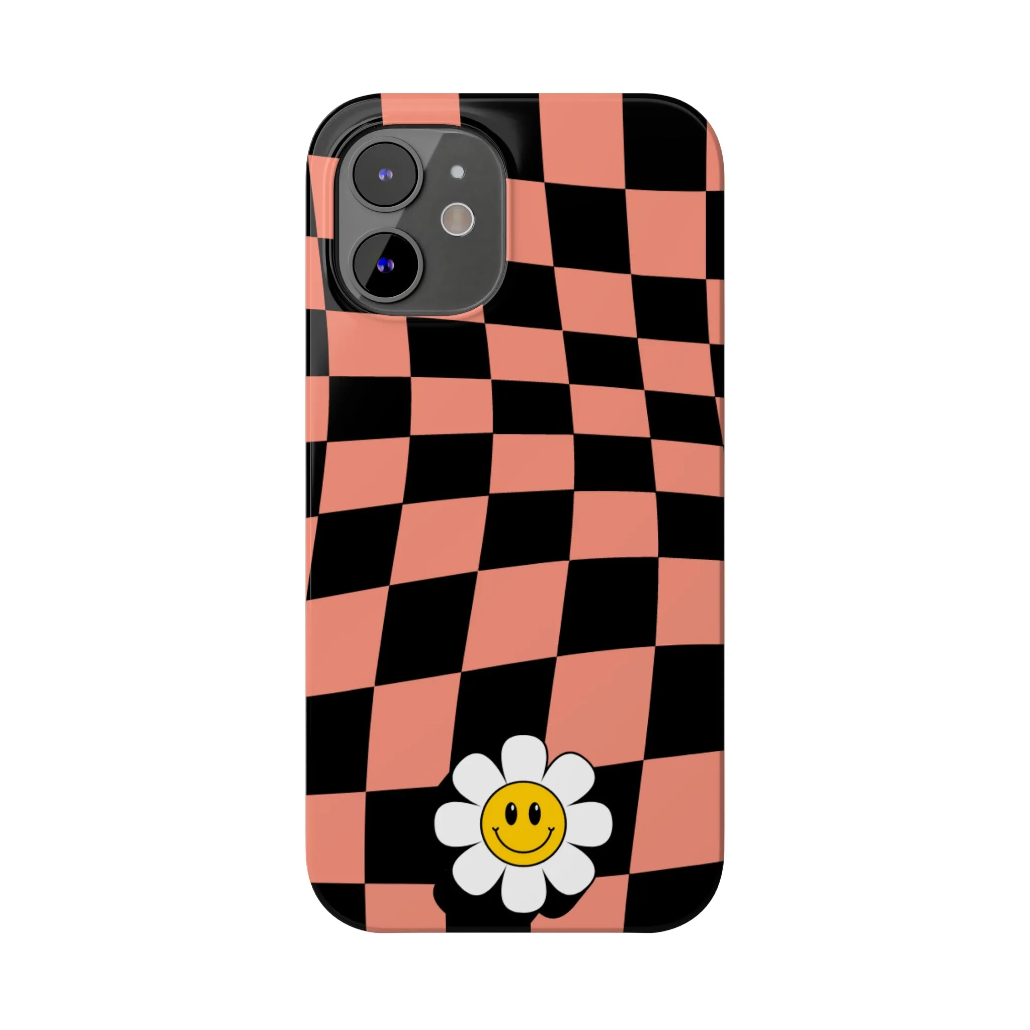 Pink and Black Checked Background with Happy Daisy iPhone Slim Phone Case