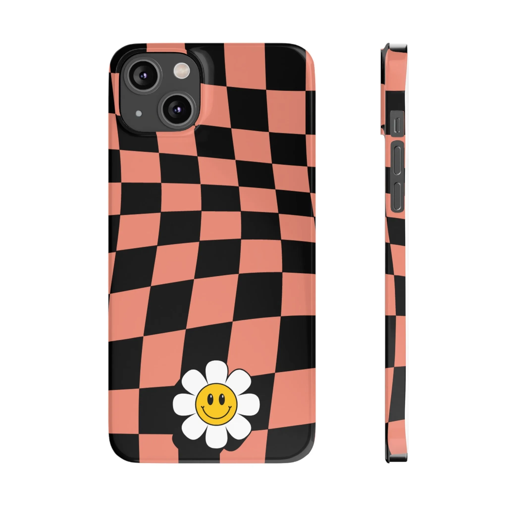 Pink and Black Checked Background with Happy Daisy iPhone Slim Phone Case