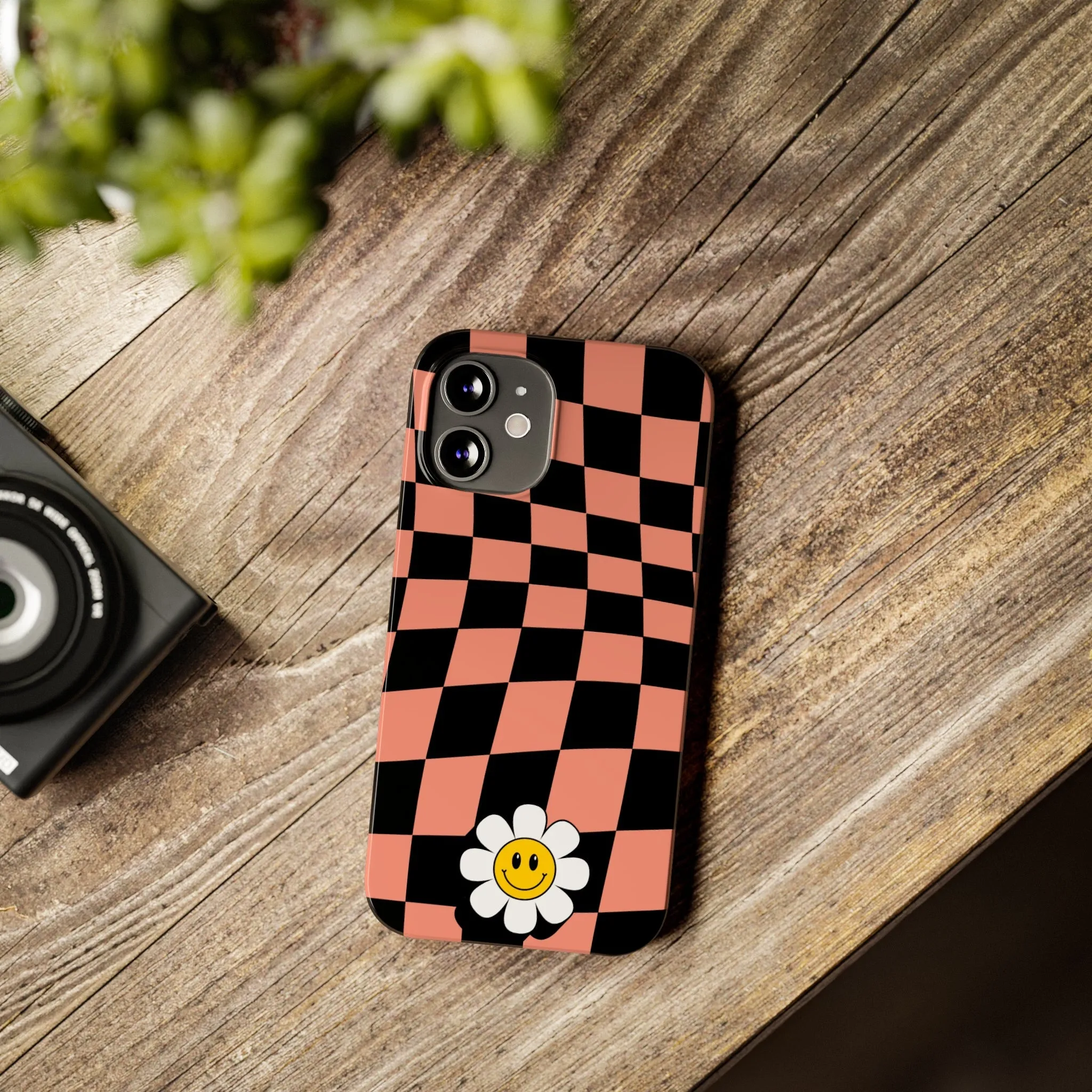Pink and Black Checked Background with Happy Daisy iPhone Slim Phone Case