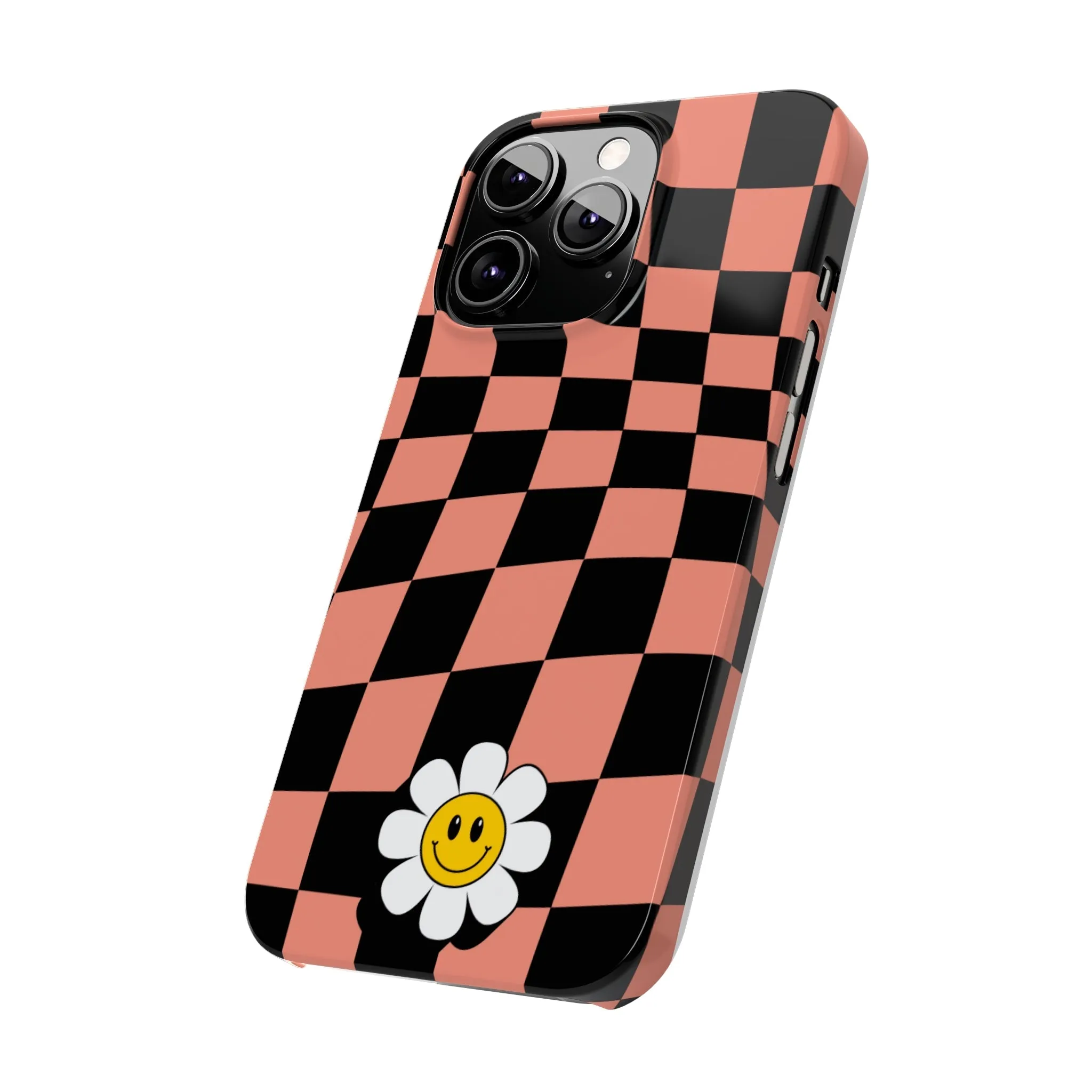 Pink and Black Checked Background with Happy Daisy iPhone Slim Phone Case