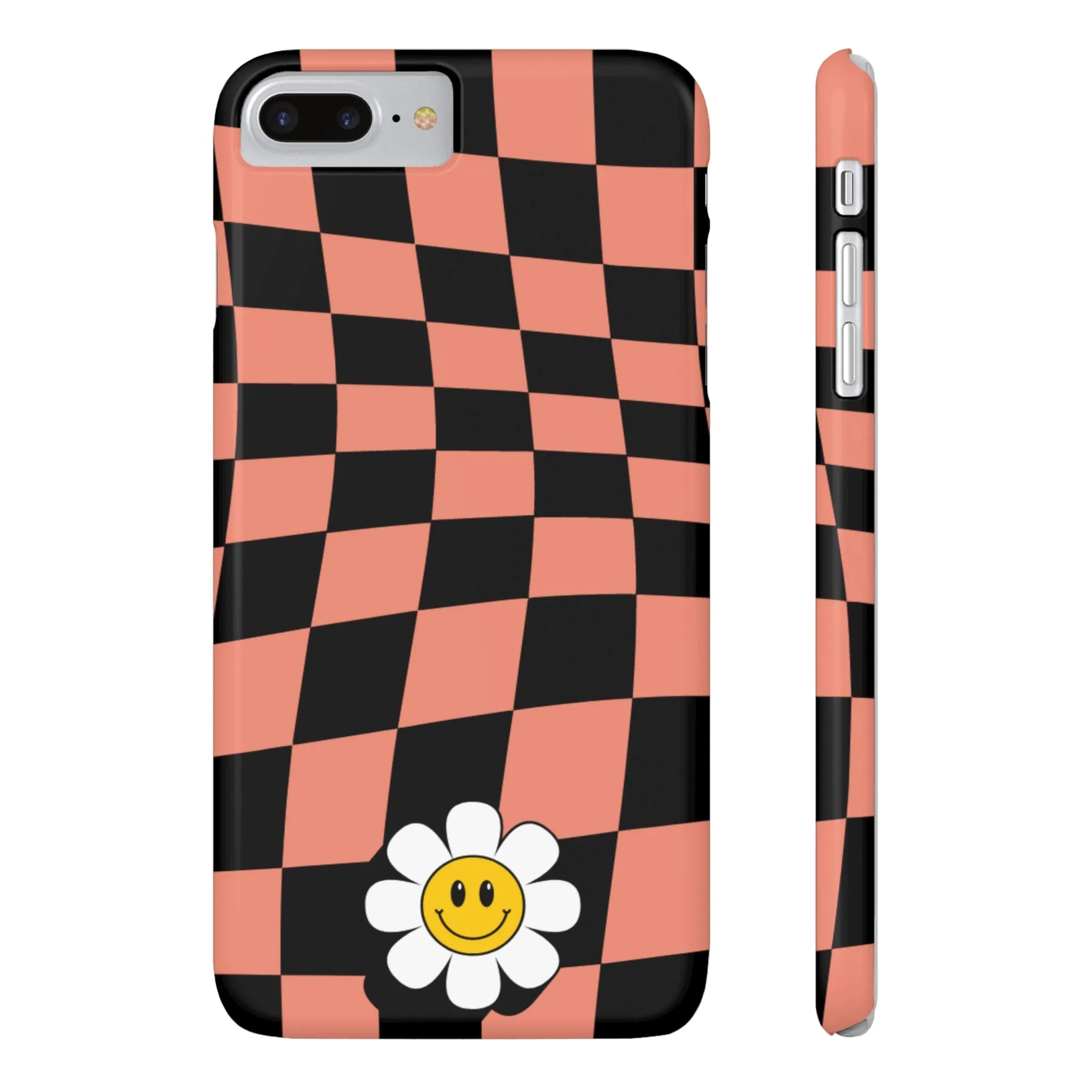 Pink and Black Checked Background with Happy Daisy iPhone Slim Phone Case