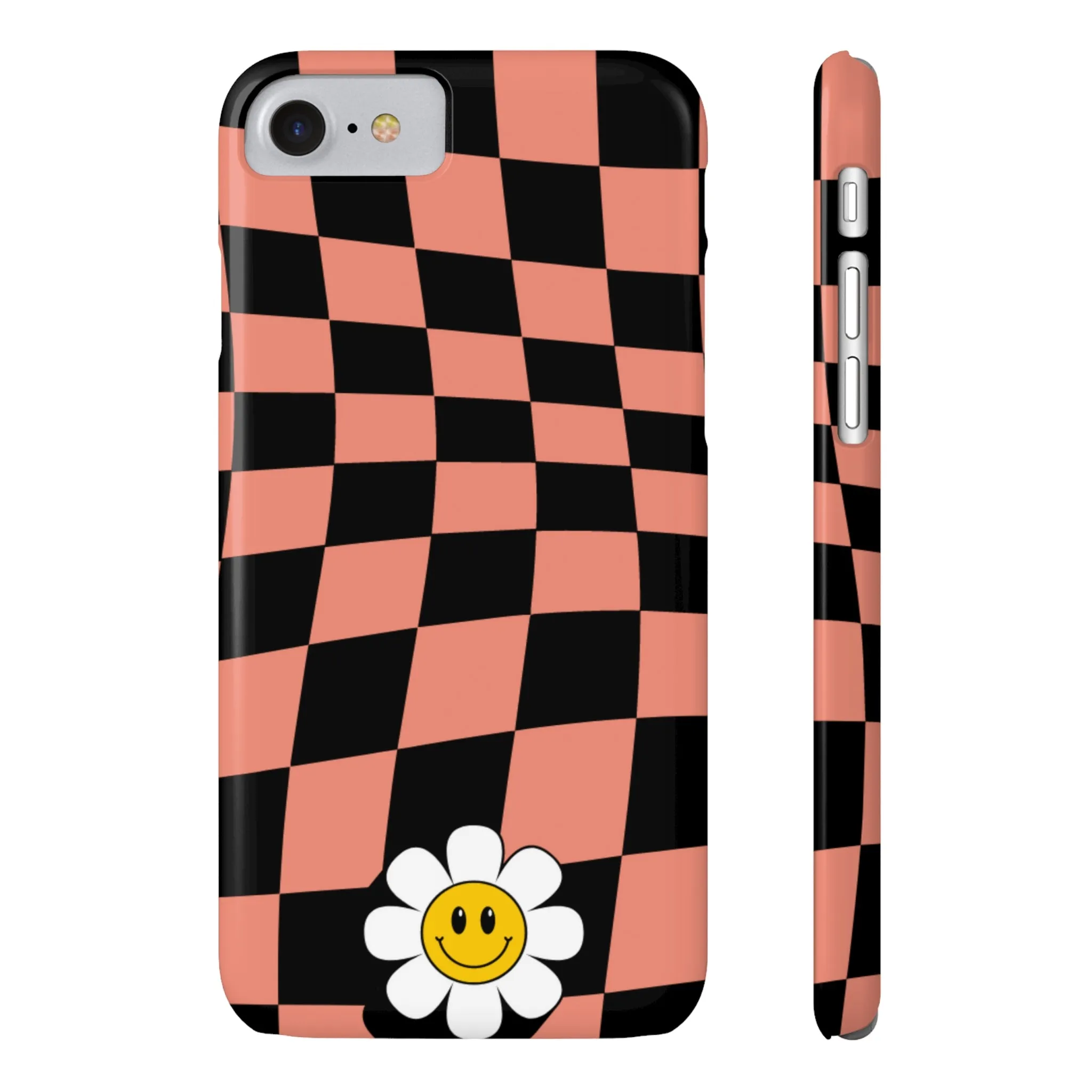 Pink and Black Checked Background with Happy Daisy iPhone Slim Phone Case